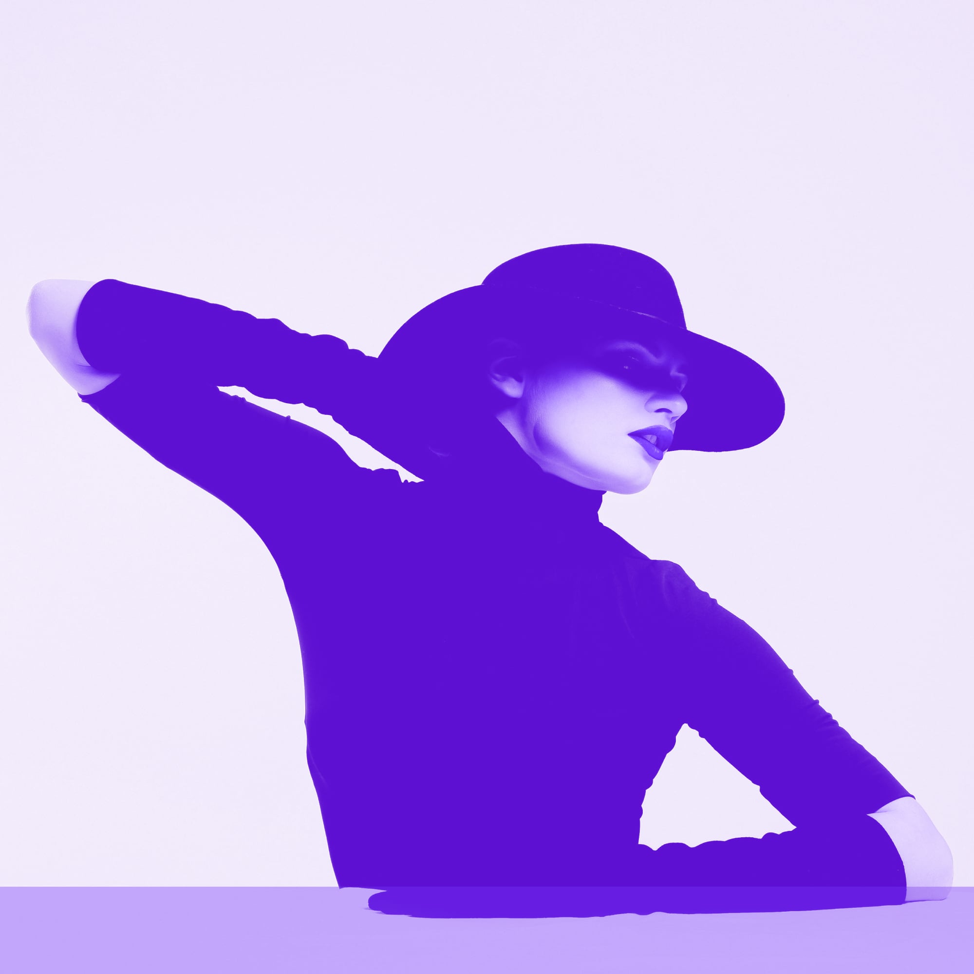 fashion woman wide brim hat turtleneck dramatic pose purple toned