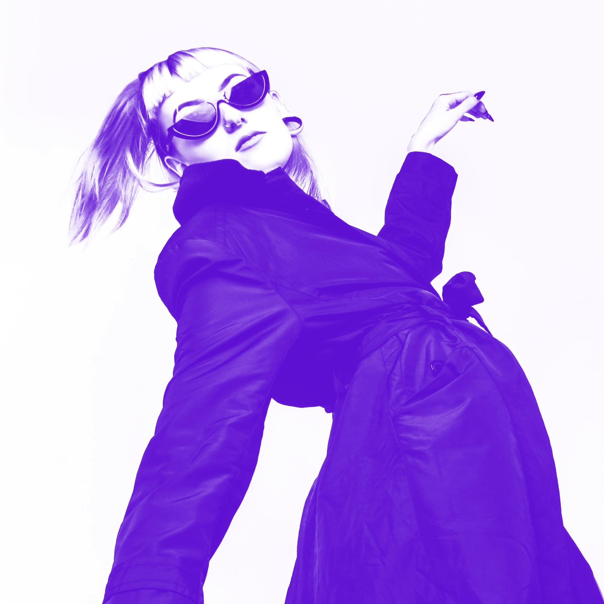 fashion woman oversized coat sunglasses dynamic pose purple toned