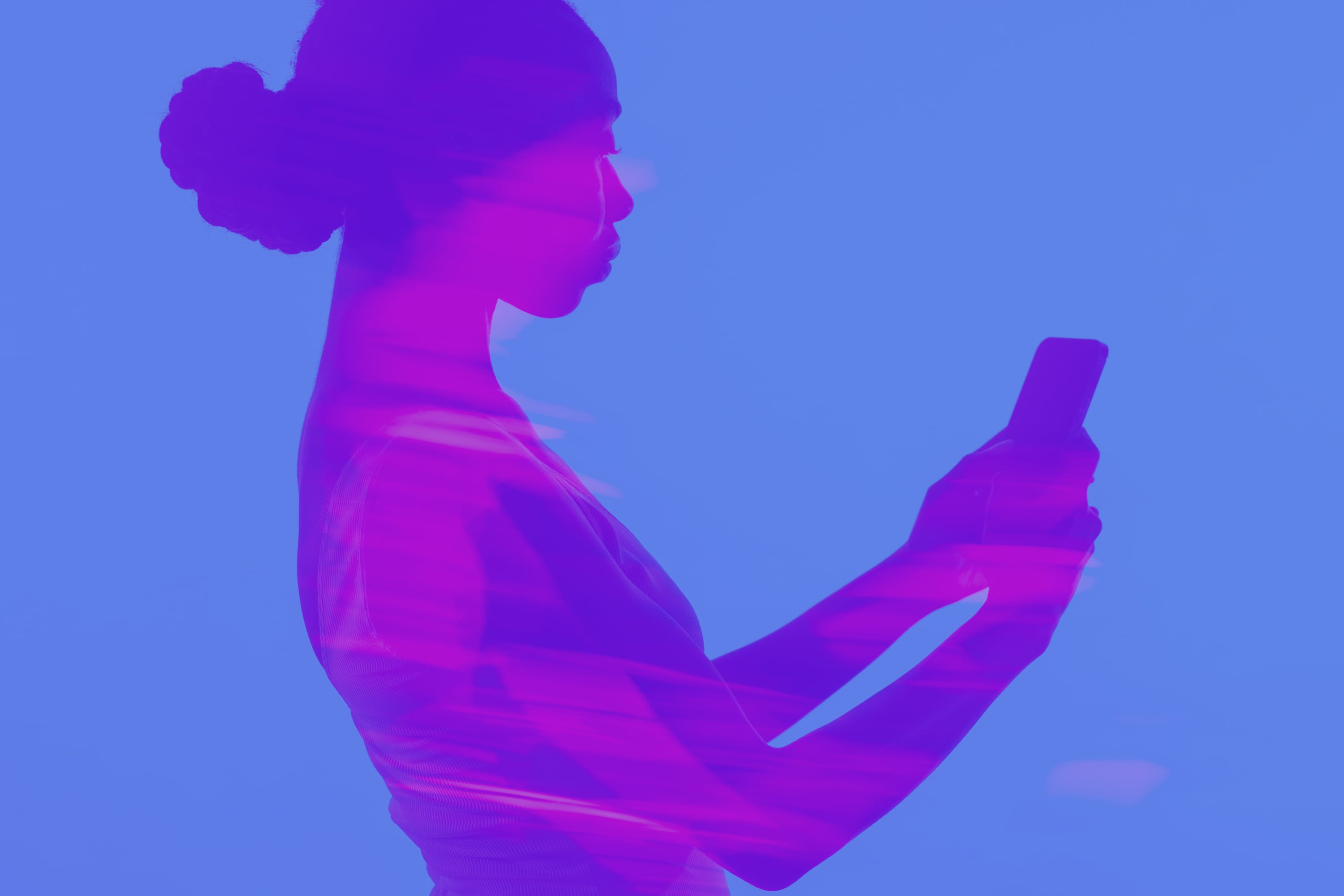 woman with hair bun double exposure smartphone purple background