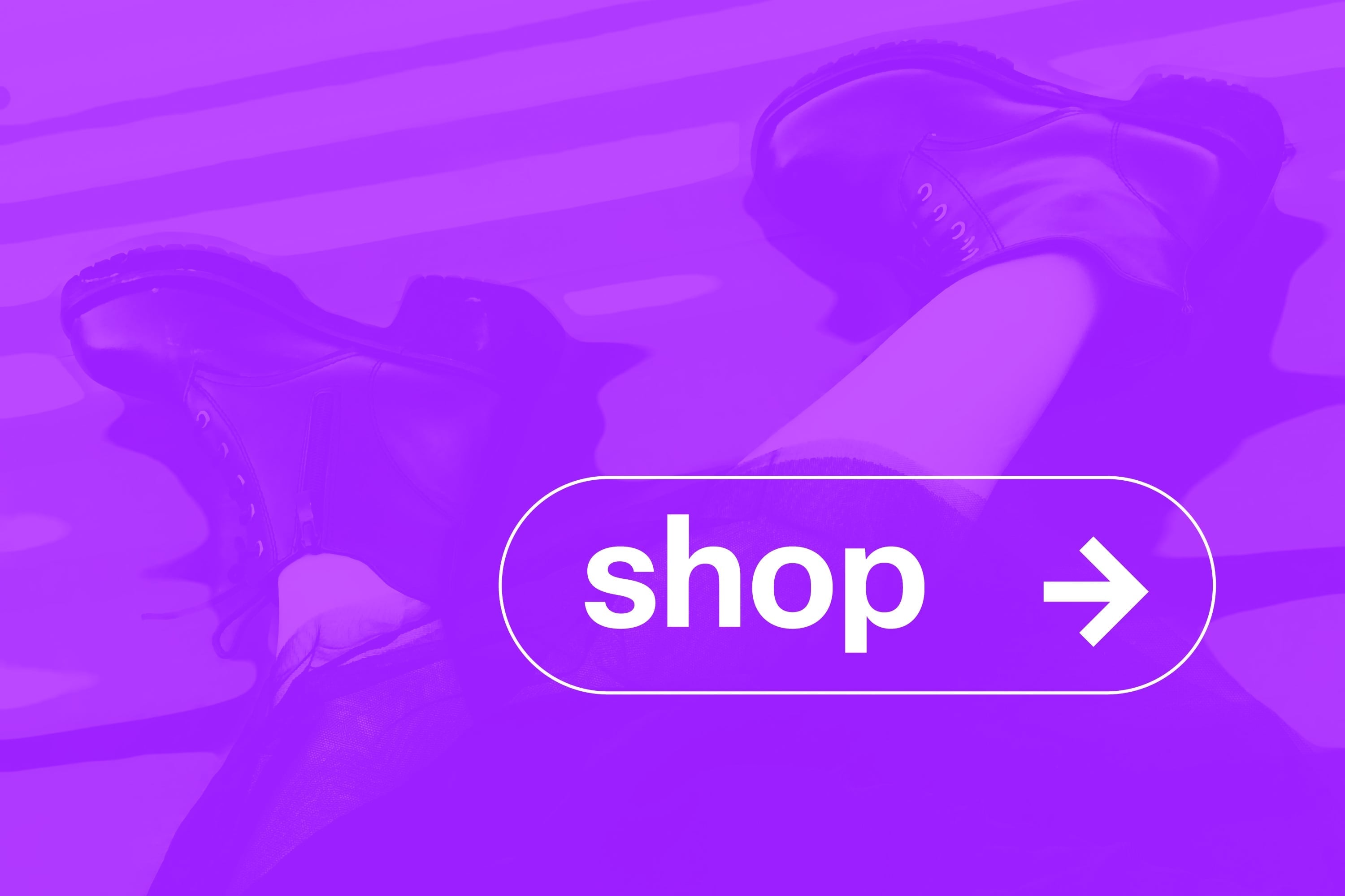 close up of sandals and shoes with shop button overlay purple toned