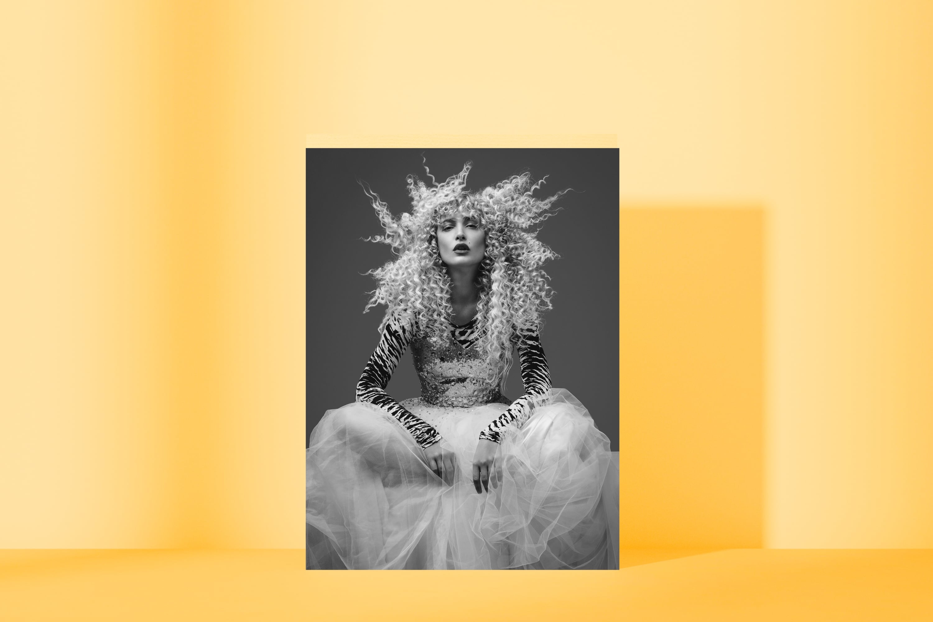 black and white fashion editorial woman wild curly hair tulle dress print mockup amber