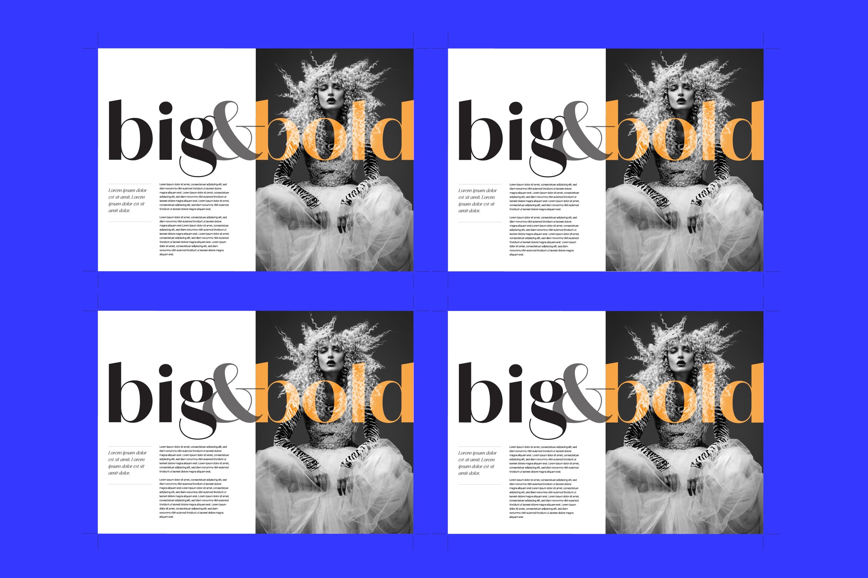 four tile grid of big and bold magazine design layout with fashion model blue