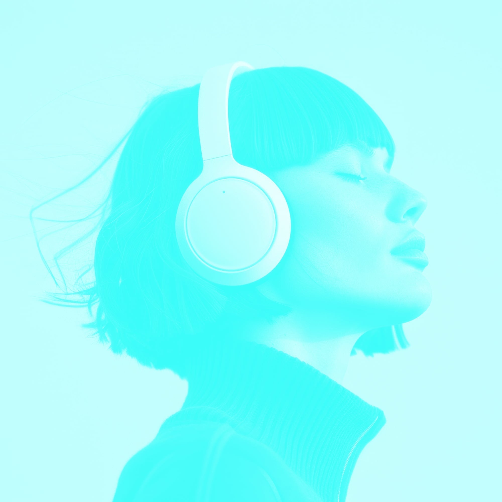 woman wearing wireless headphones eyes closed side profile teal toned