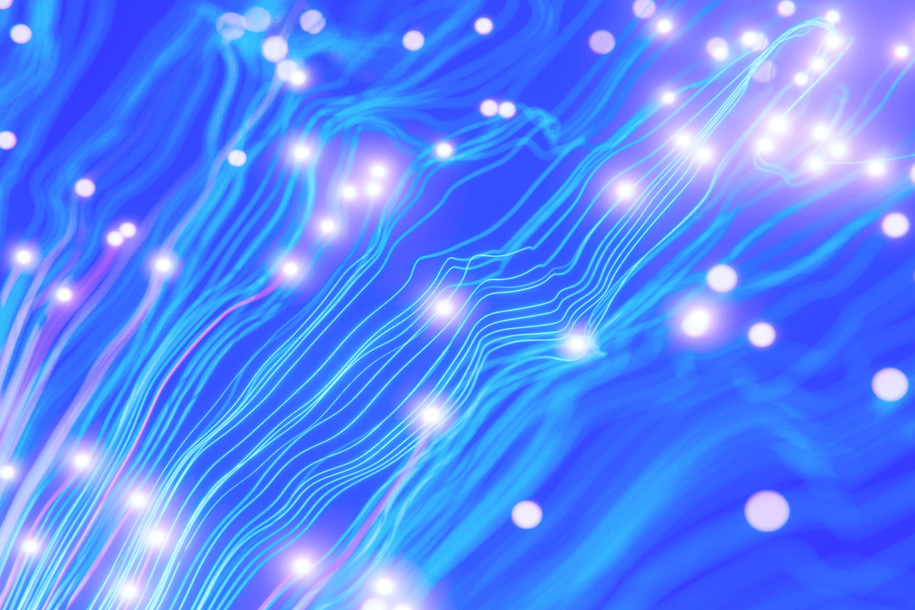 glowing neon data stream lines with light nodes blue digital concept