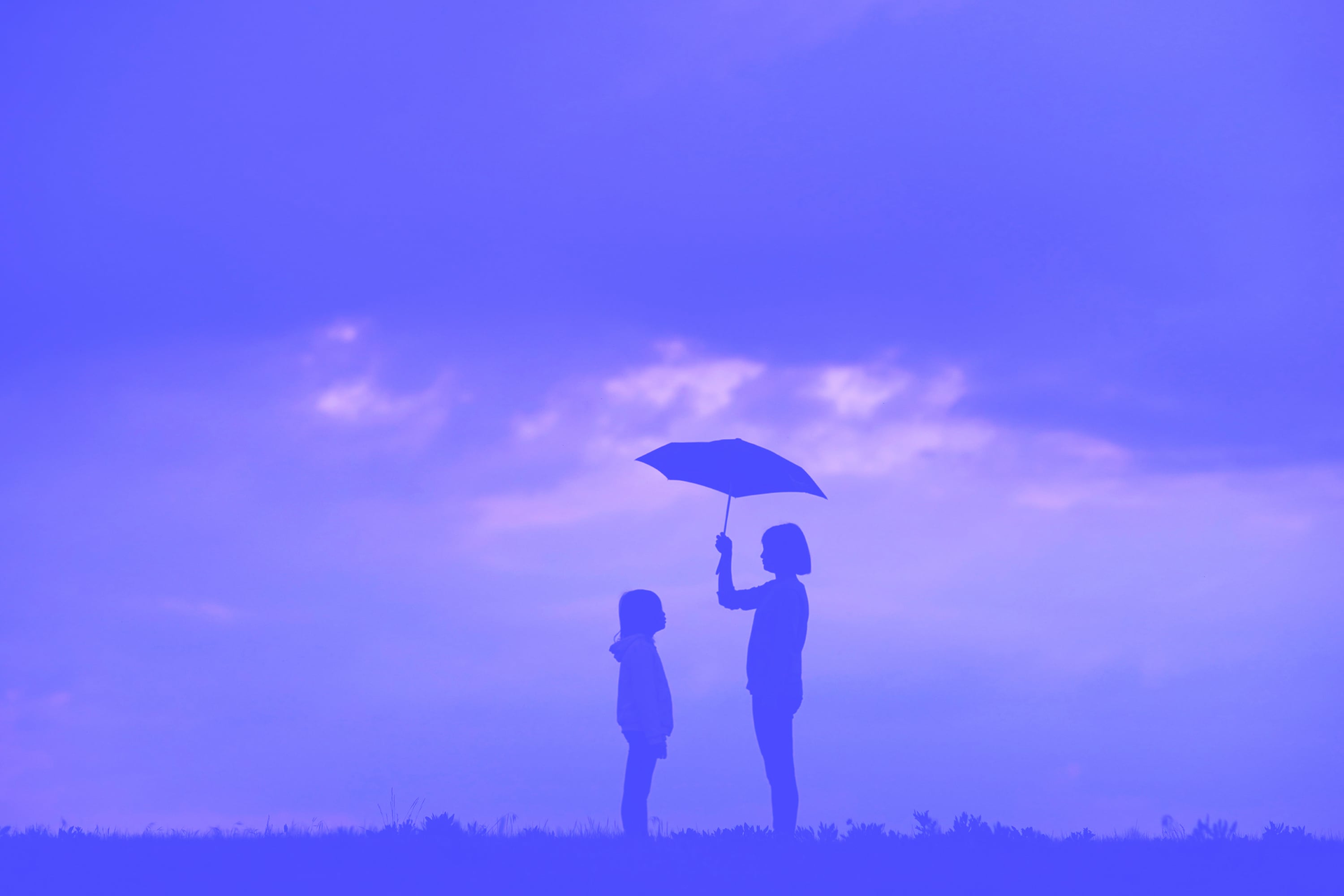 silhouette of person holding umbrella over child in field at dusk blue purple