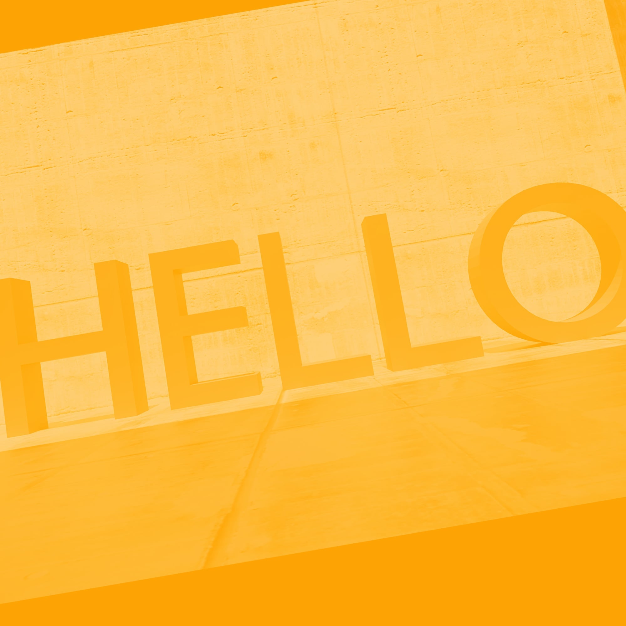 bold orange hello 3d lettering on wooden wall amber background