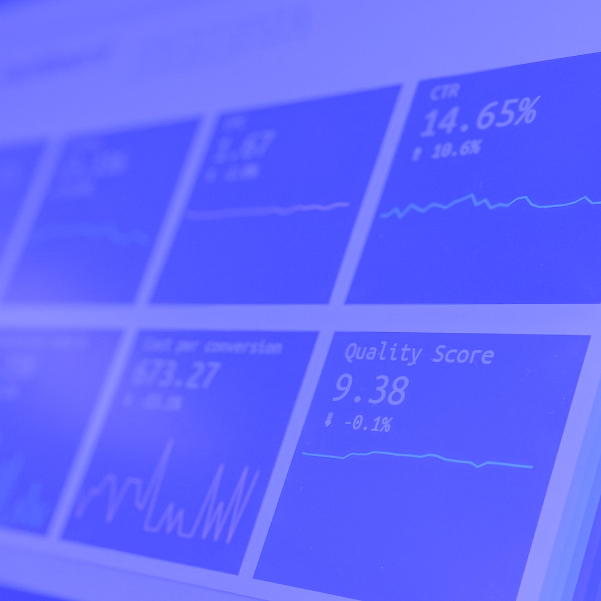 website performance dashboard showing ctr and quality score metrics on screen blue