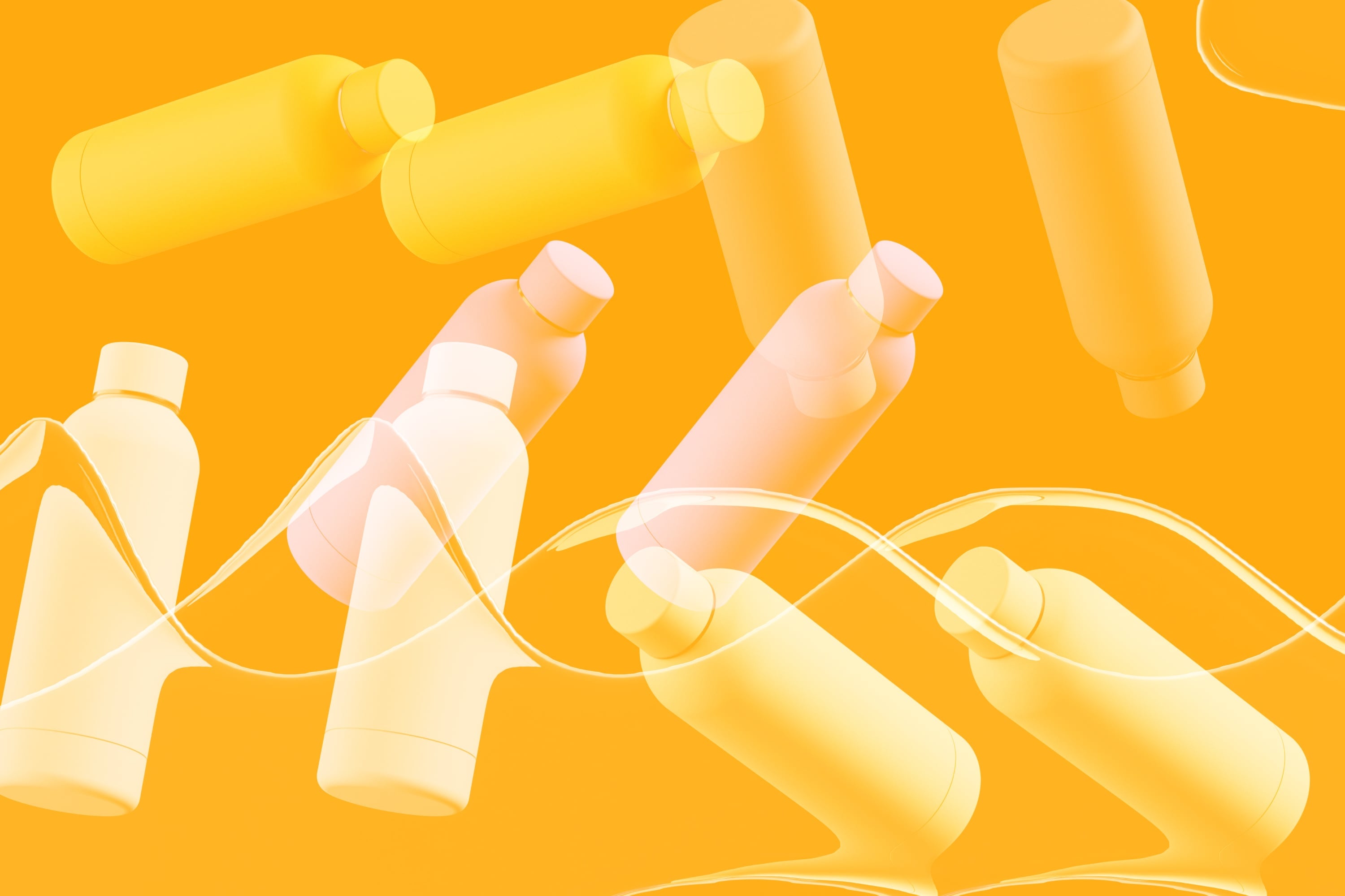 multiple 3d product bottles and containers floating golden amber packaging design