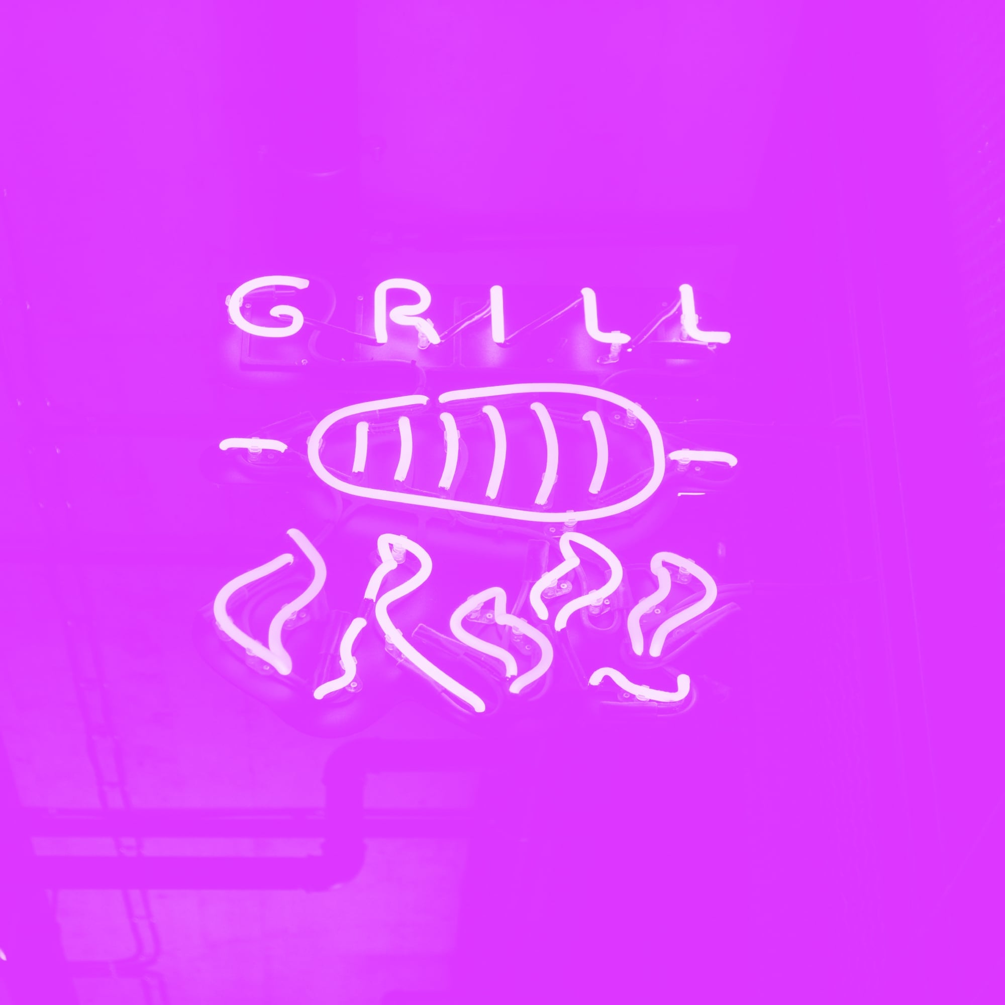 neon grill sign with grilled sausage and flames illustration bright pink purple