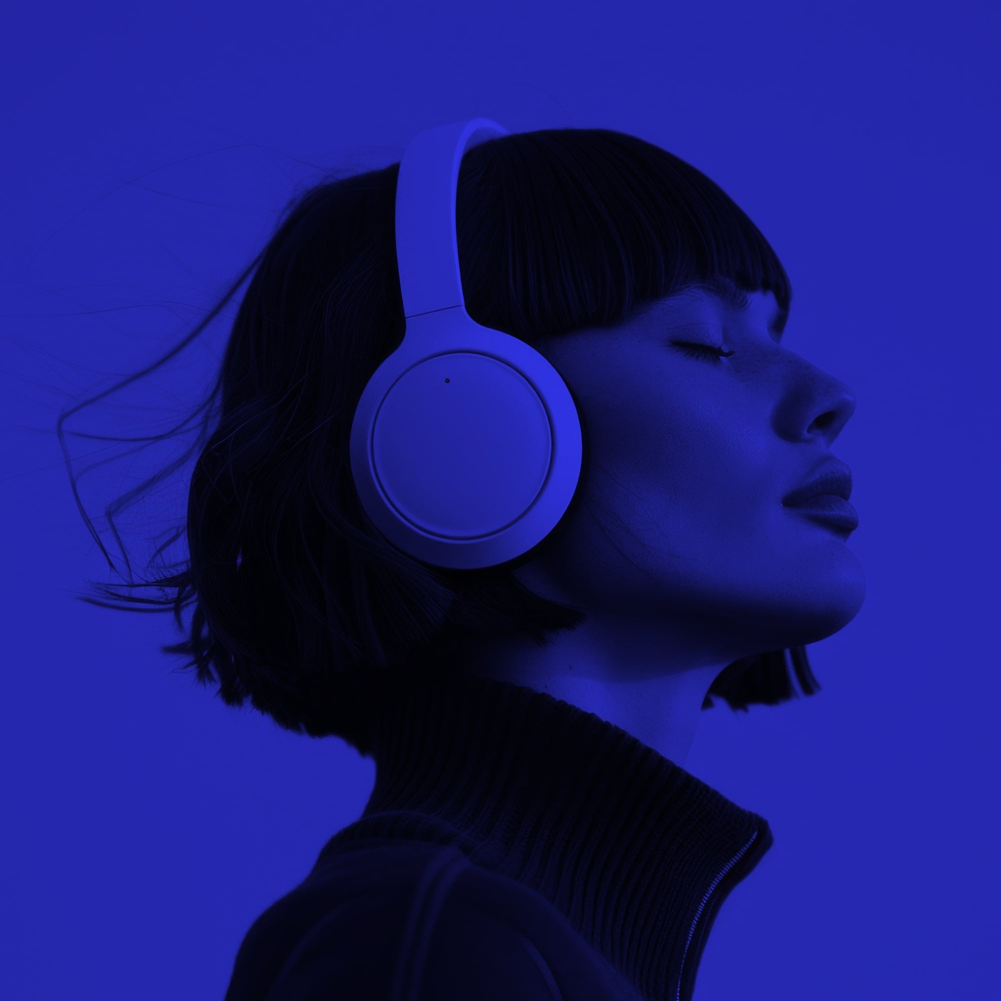woman with short hair wearing wireless headphones eyes closed side profile blue toned