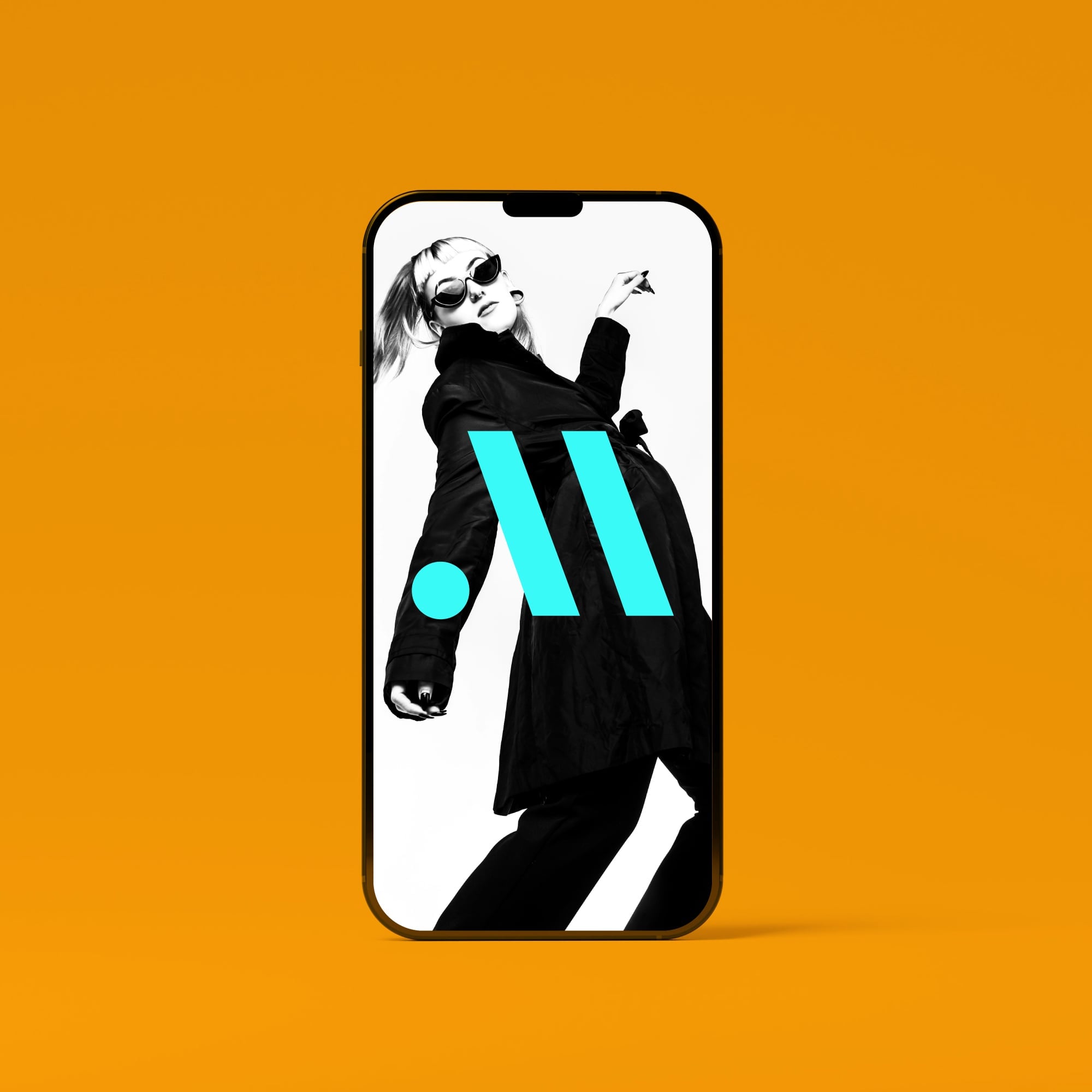 iphone mockup showing fashion app with model in sunglasses teal logo overlay amber background
