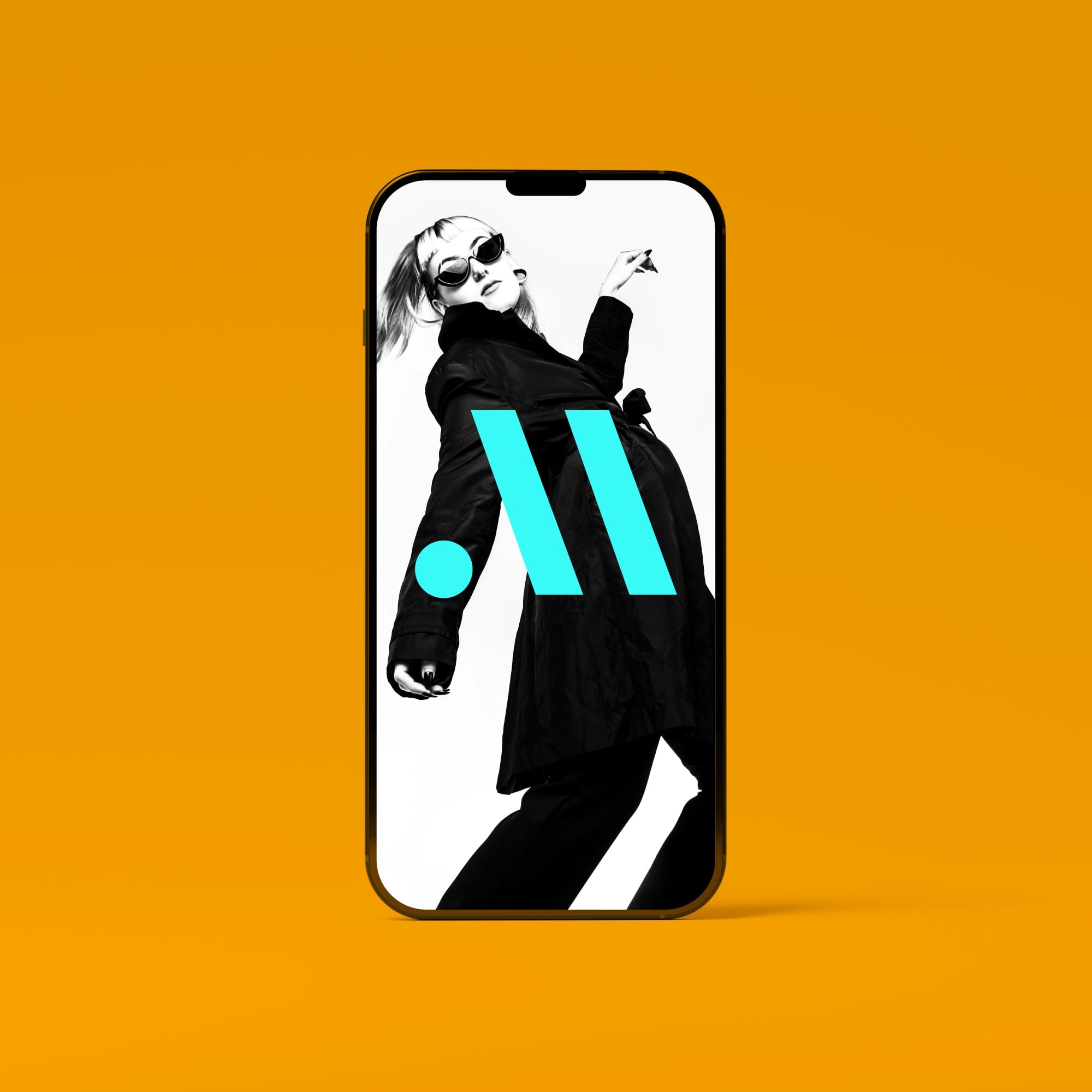 iphone mockup showing fashion model with teal brand logo overlay golden amber background