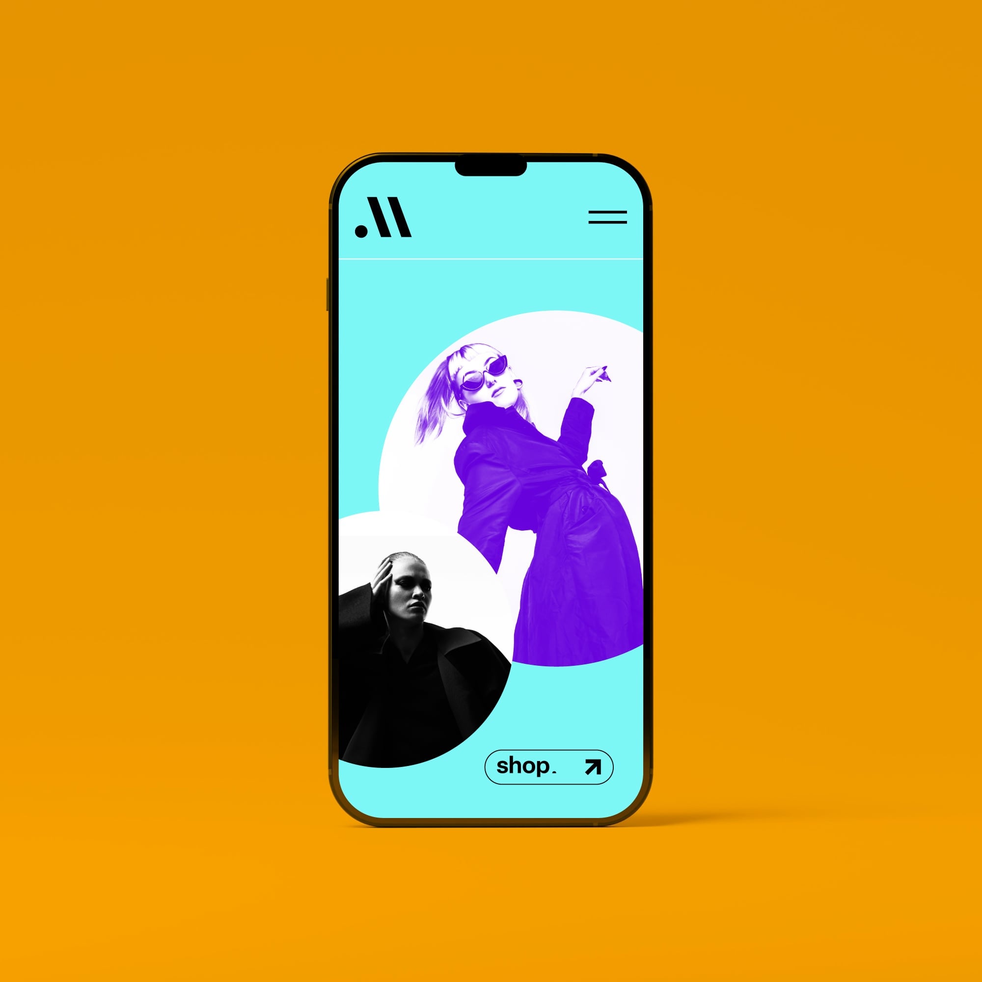 iphone mockup showing completed fashion website teal background purple model shop button amber