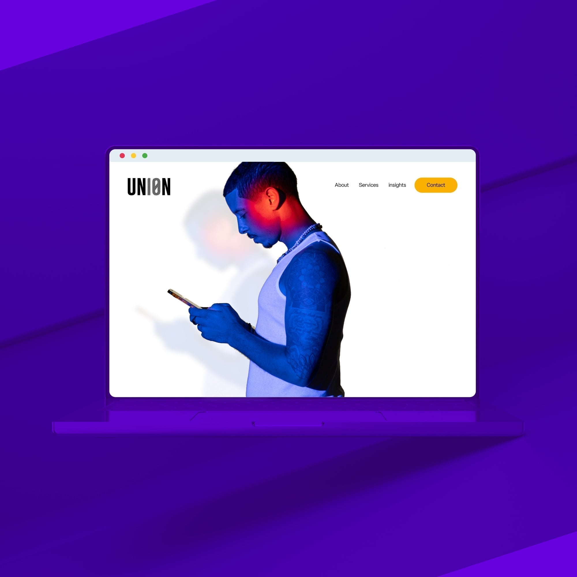 browser window showing union website hero section tattooed man purple toned
