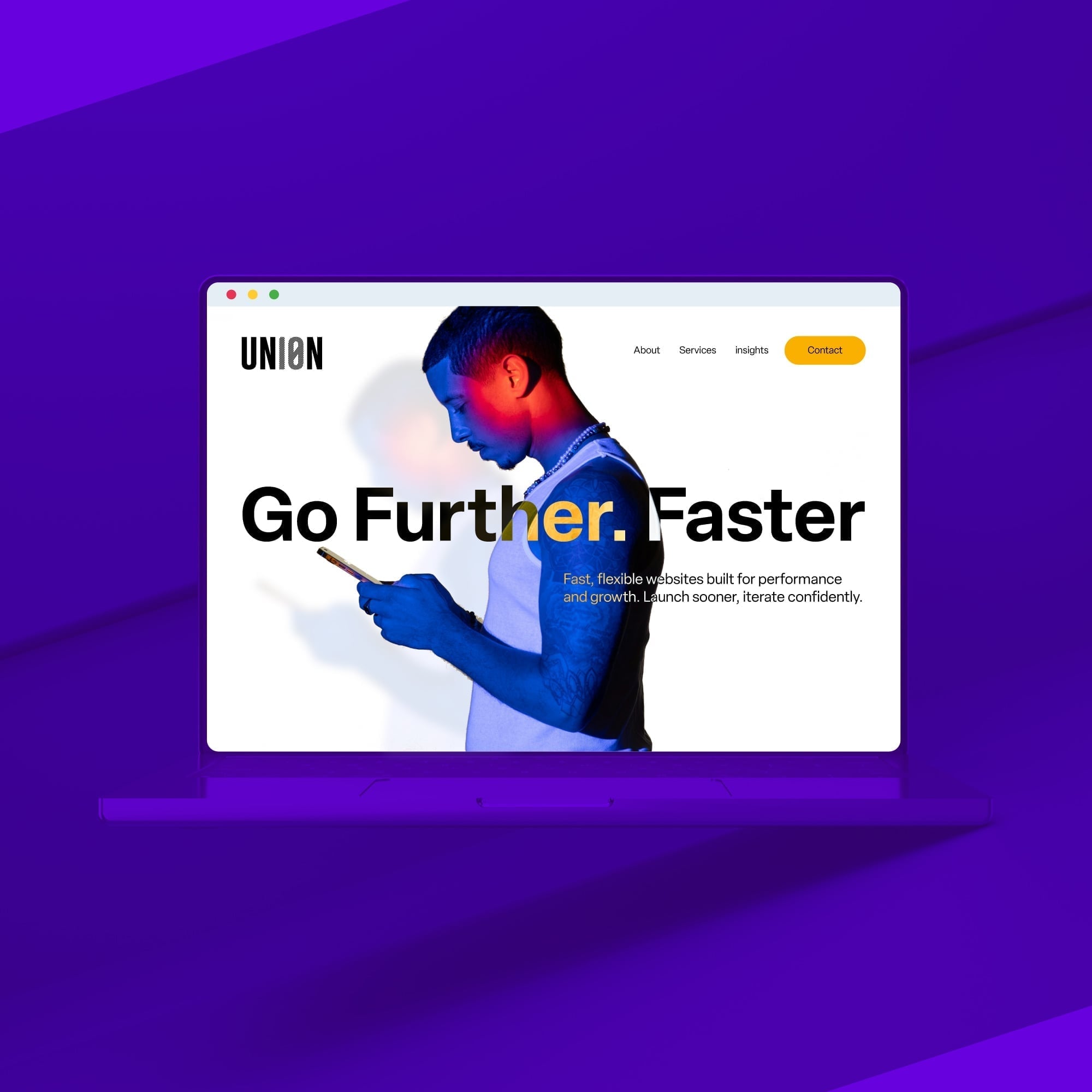 laptop showing union go further faster homepage purple background