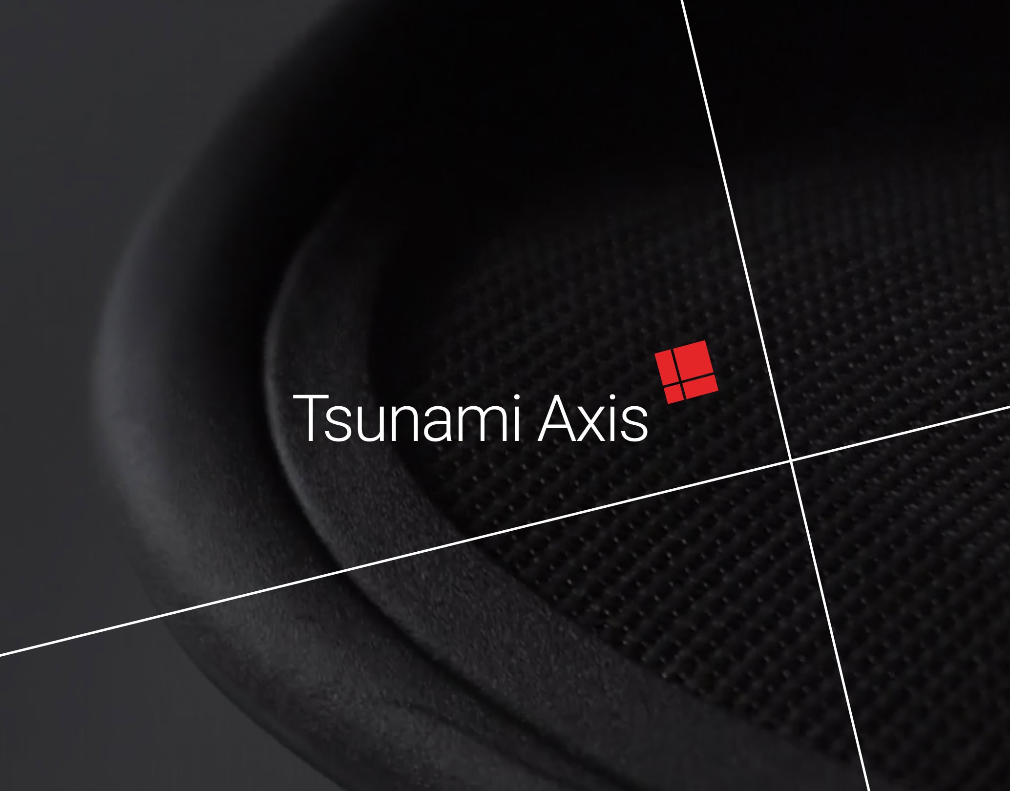 Tsunami Axis wordmark with red square icon over a dark textured background with white intersecting lines