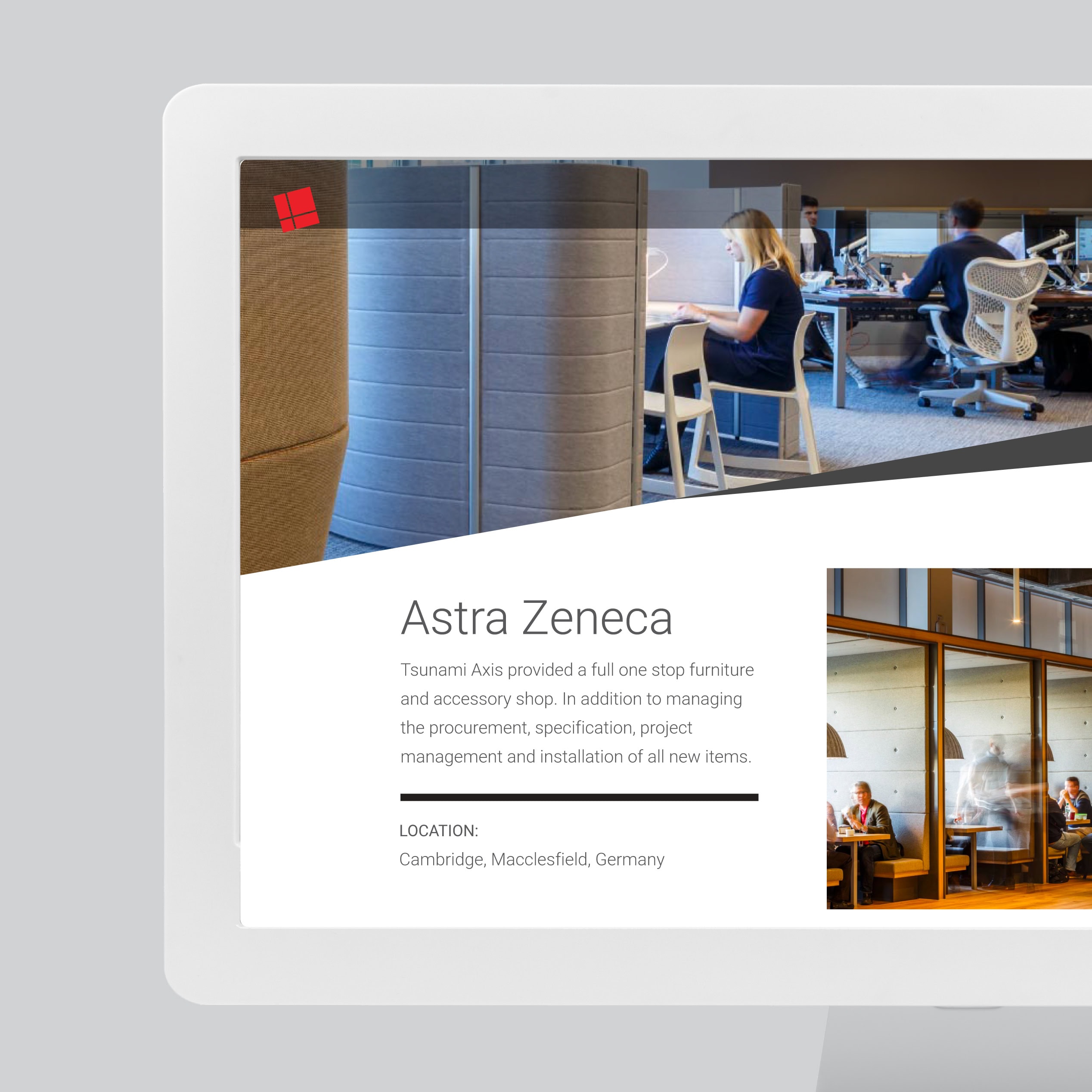 iMac mockup showing Tsunami Axis “Astra Zeneca” project page with workplace photography