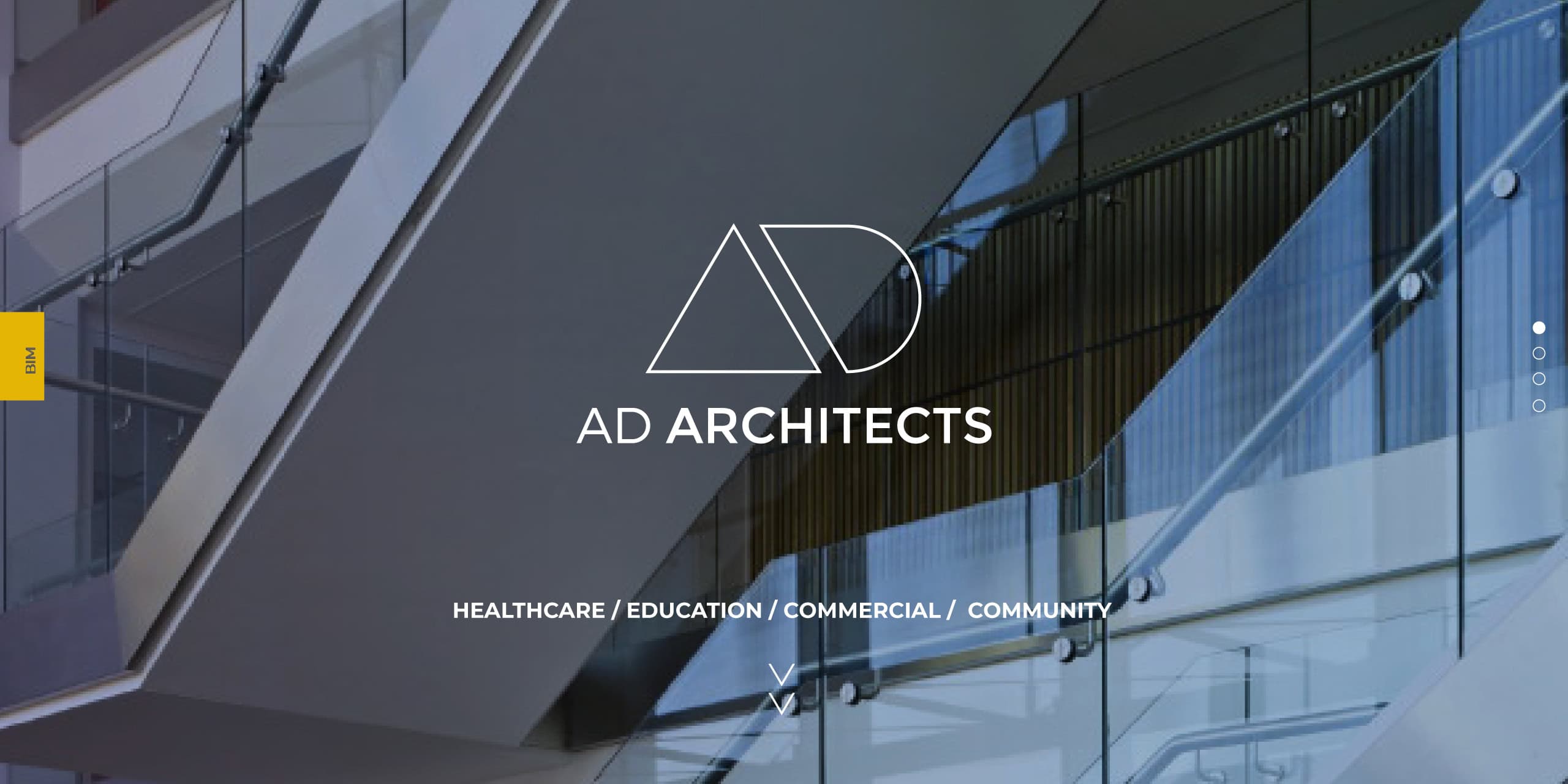 d Architects website homepage hero over glass stairwell interior