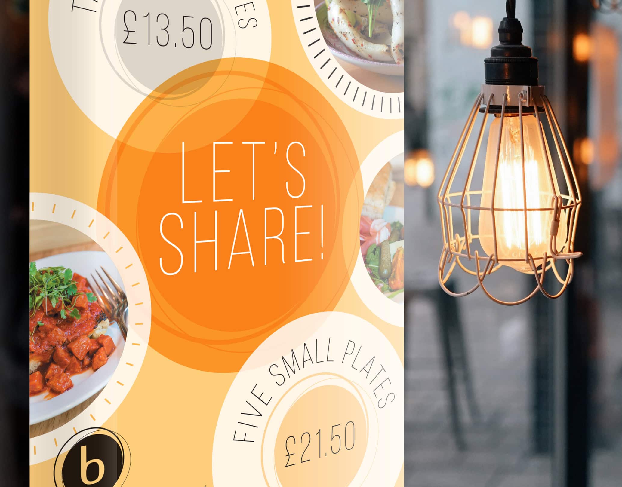 Baroosh “Let’s share!” poster design with circular food photography and pricing, next to a warm hanging light