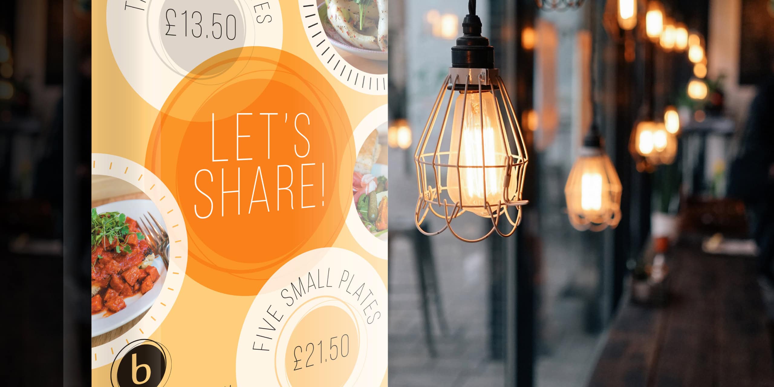“Let’s share!” restaurant poster with circular food photography and pricing