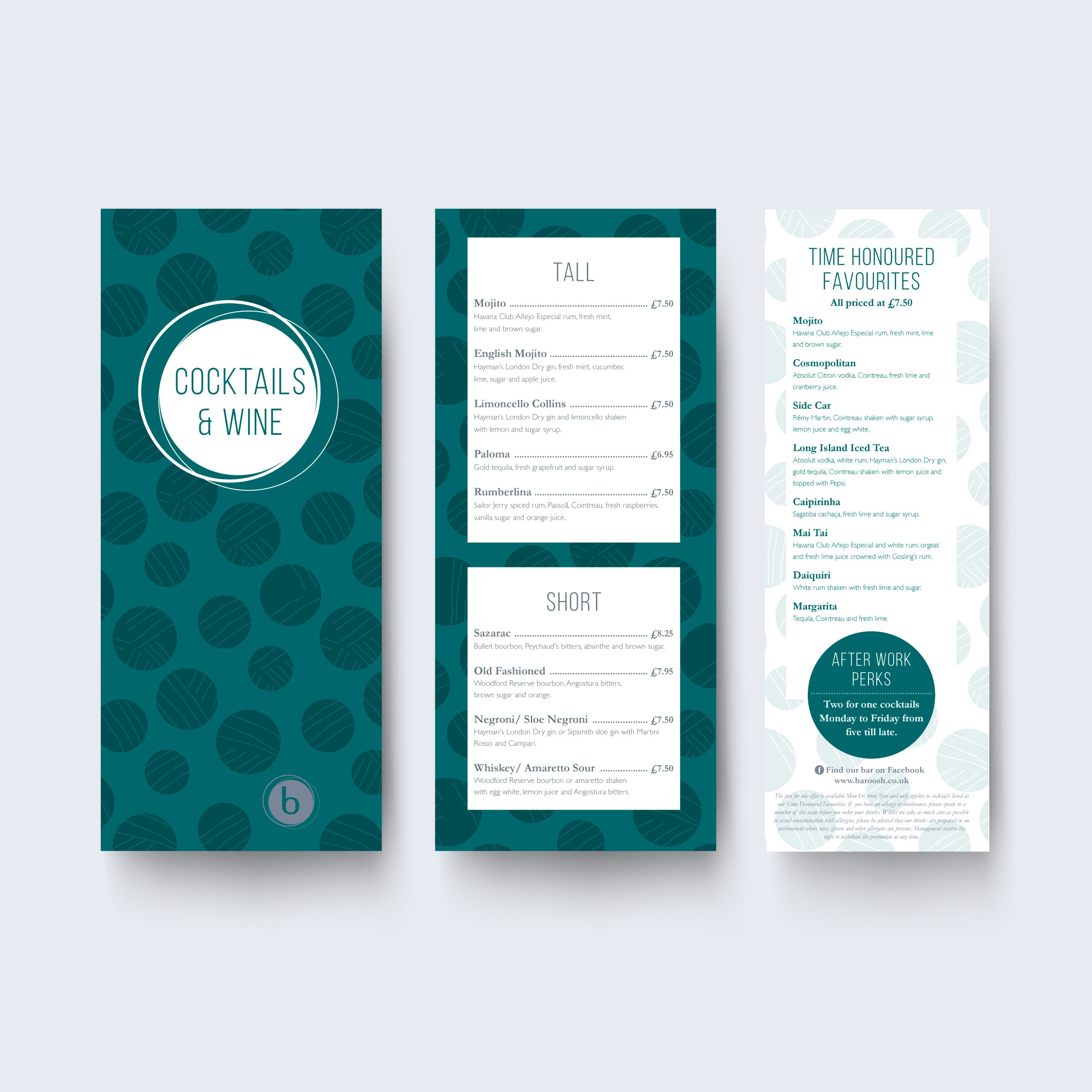 Cocktail and wine menu design set with tall/short drinks lists and promotions leaflet
