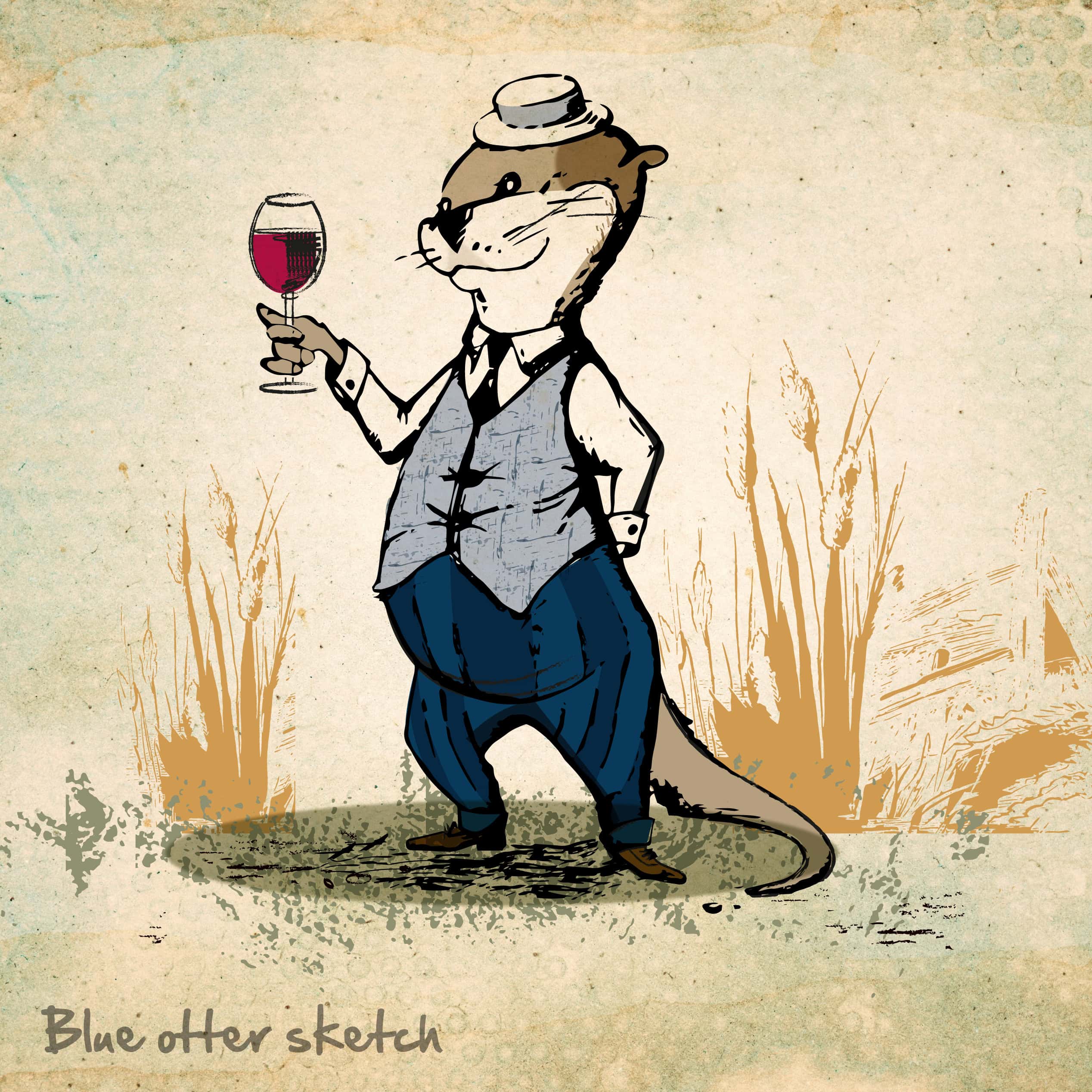 Illustrated otter character holding a glass of red wine
