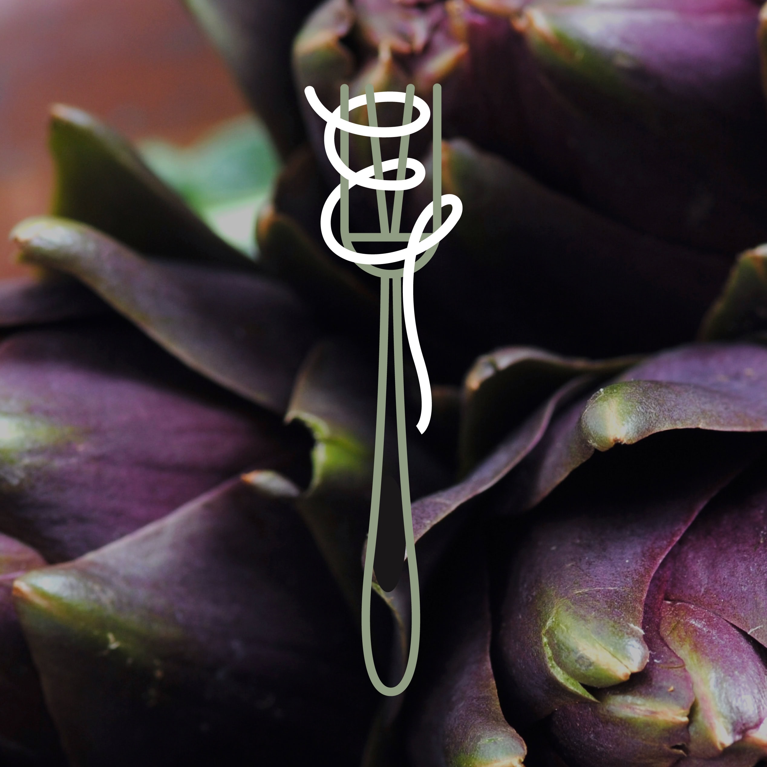 Close-up of purple artichokes with Eatalia Vostra fork icon overlay