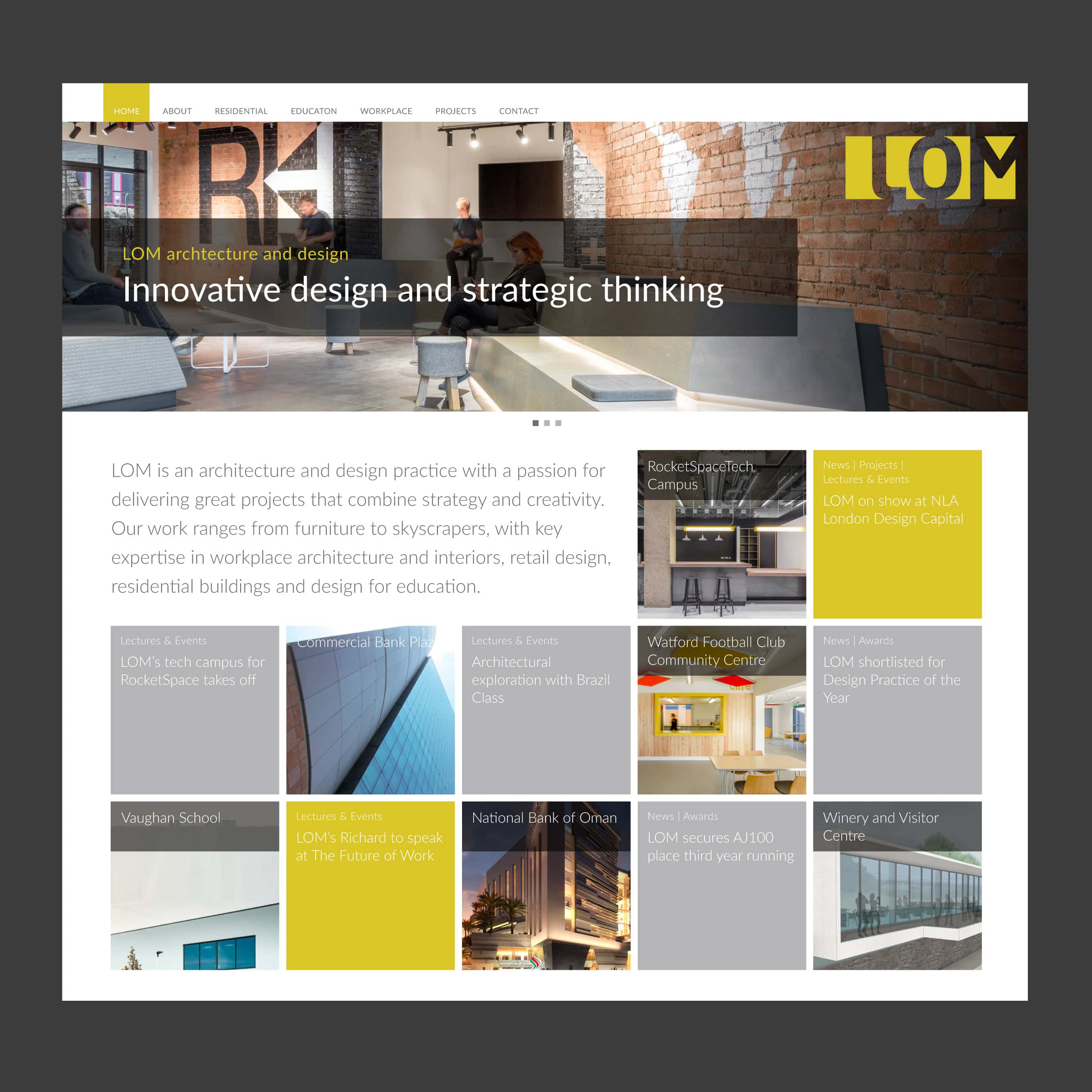 OM website homepage screenshot with modular grid of projects and news tiles