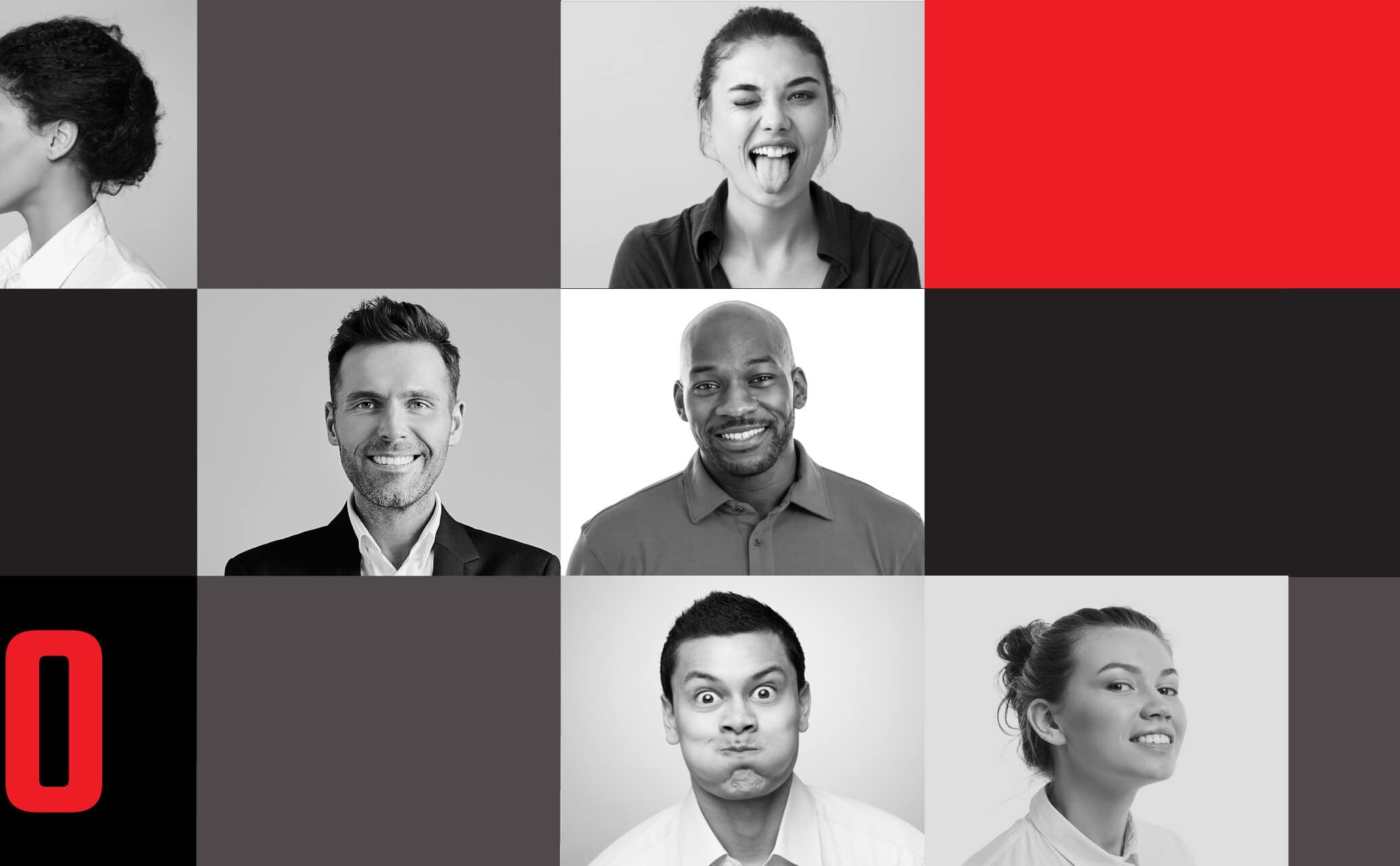 Grid of black-and-white portraits with a red accent block and Red10 “10” branding