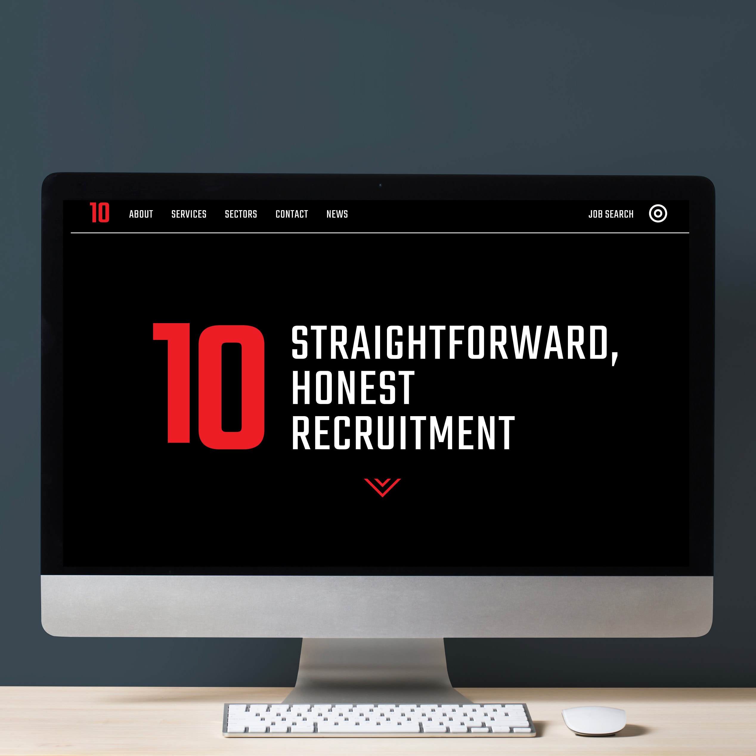 Desktop screen showing the Red10 homepage with the headline “Straightforward, honest recruitment”