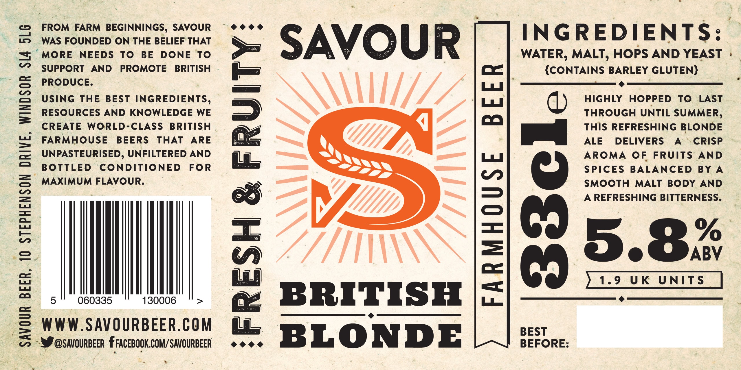 Savour beer label artwork layout showing typography, ingredients panel and barcode