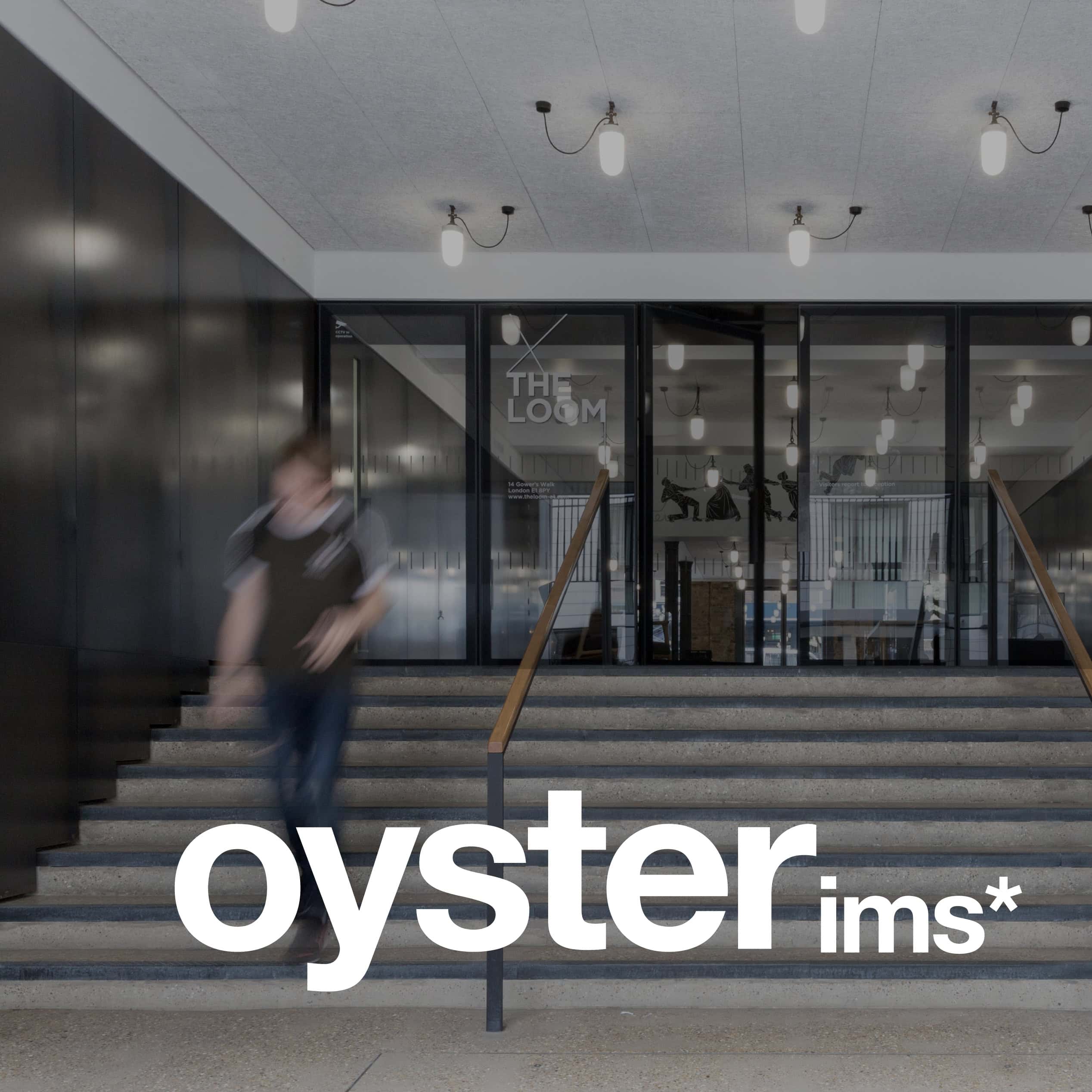 Oyster IMS logo overlaid on a modern office entrance with steps
