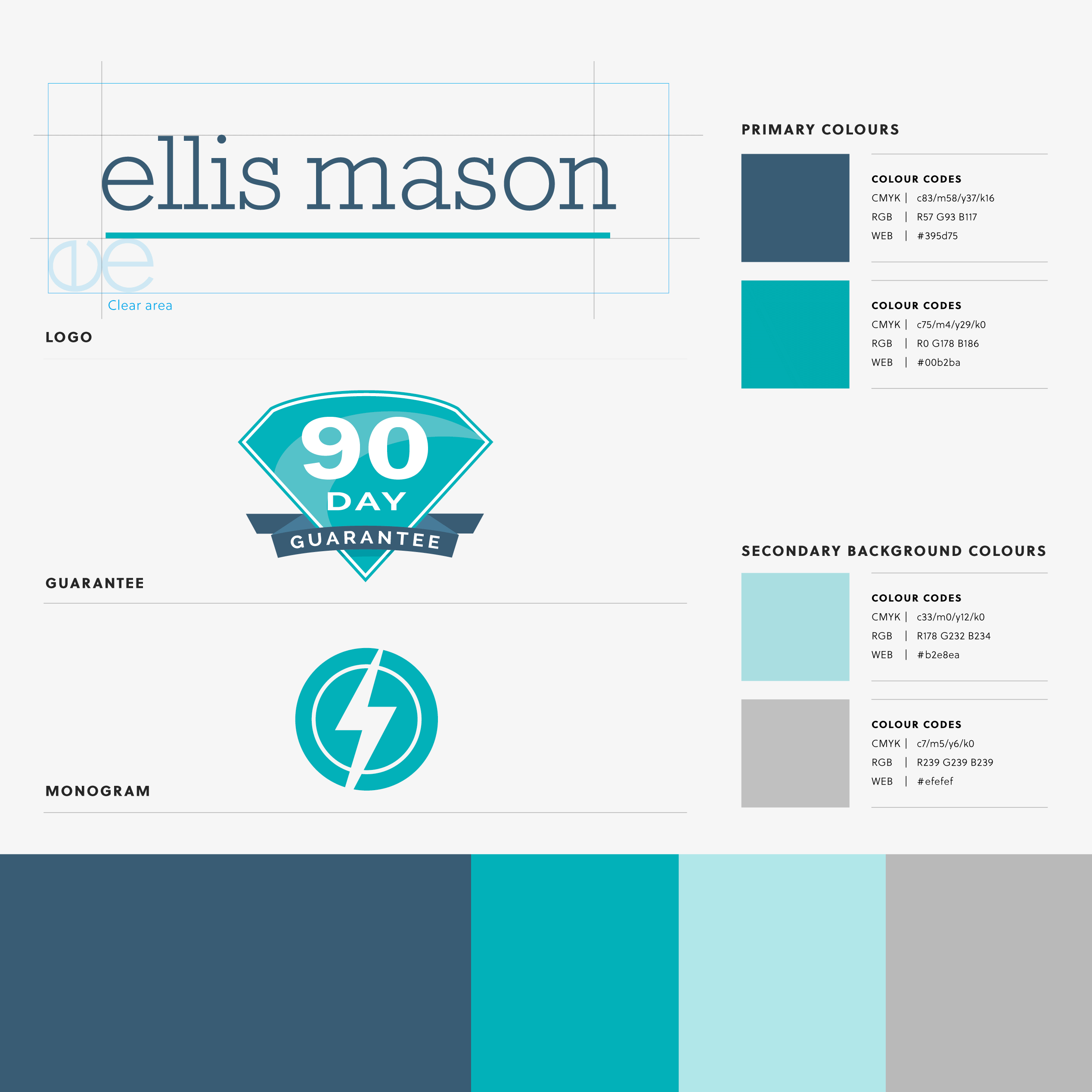 Ellis Mason brand guidelines spread showing logo, colour palette, icons and usage grid
