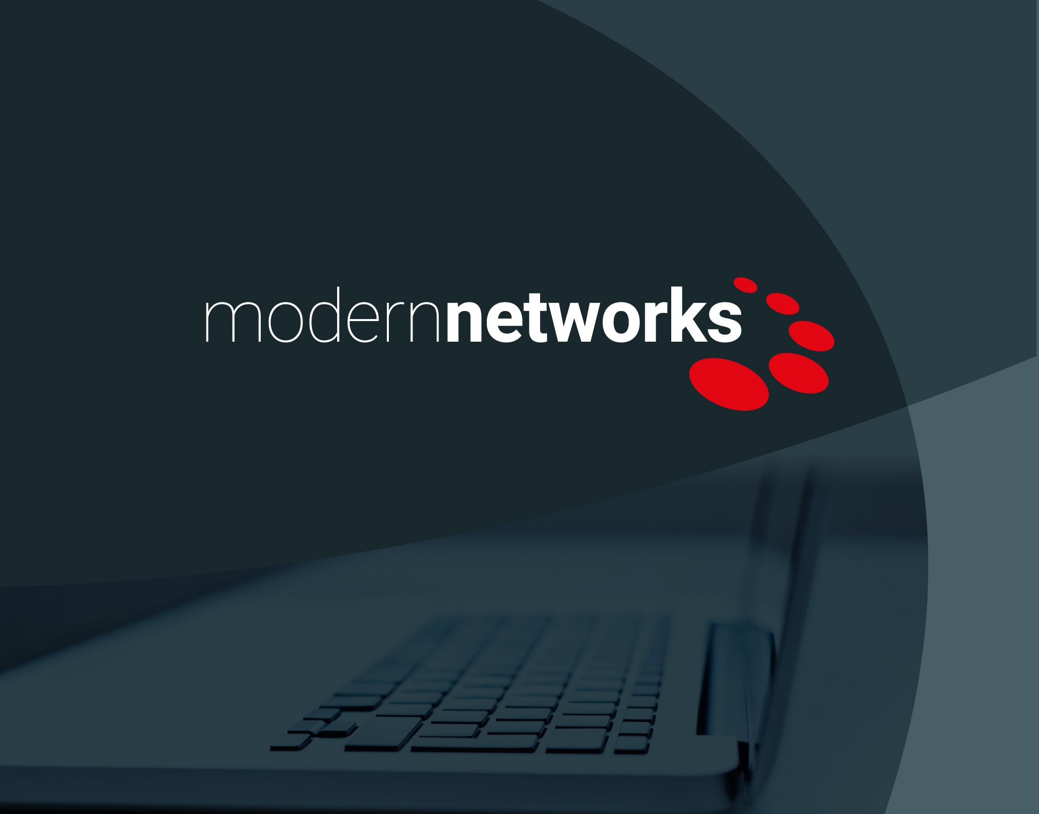 Modern Networks wordmark with red icon over a laptop keyboard background