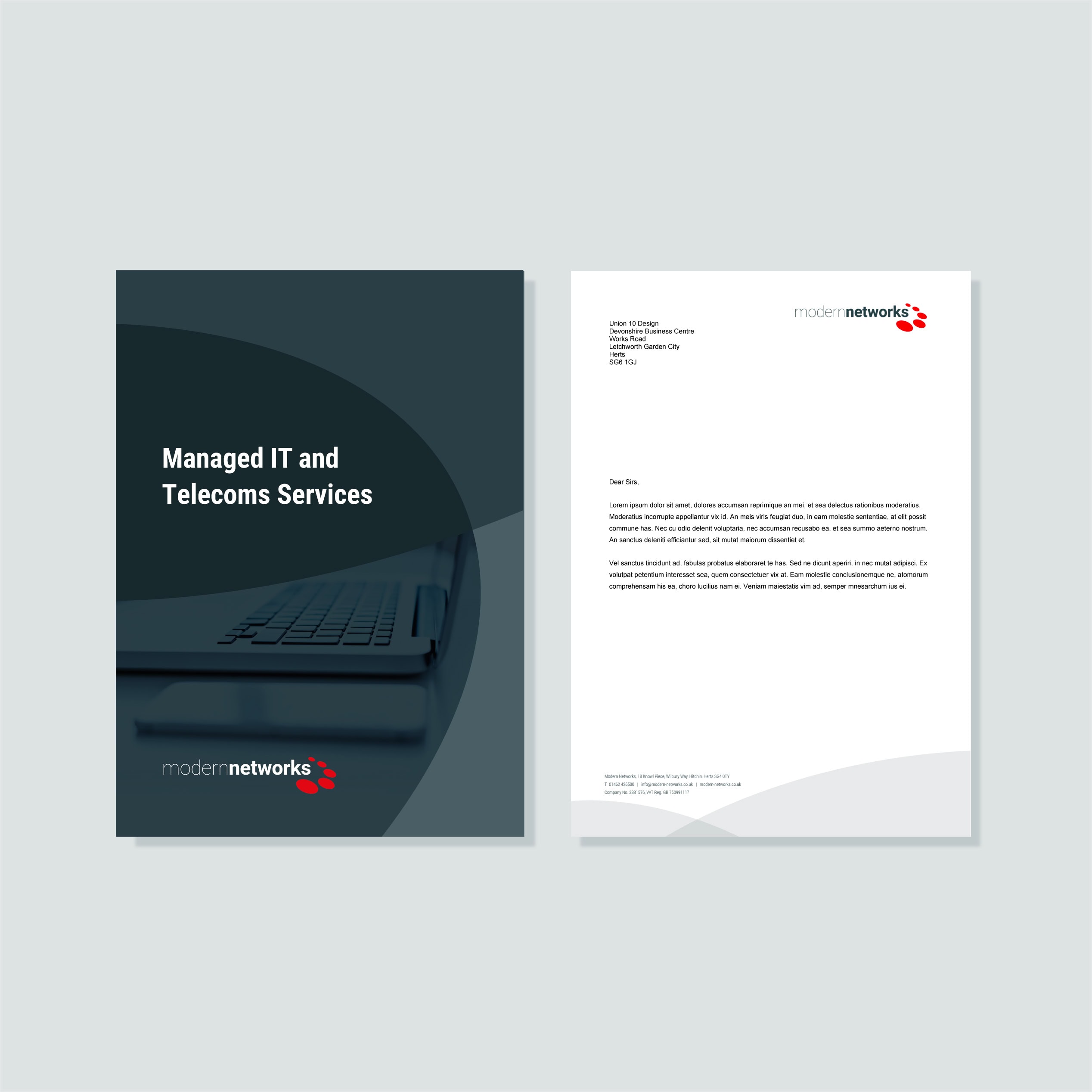 Modern Networks brochure and letterhead stationery mockups on a light background