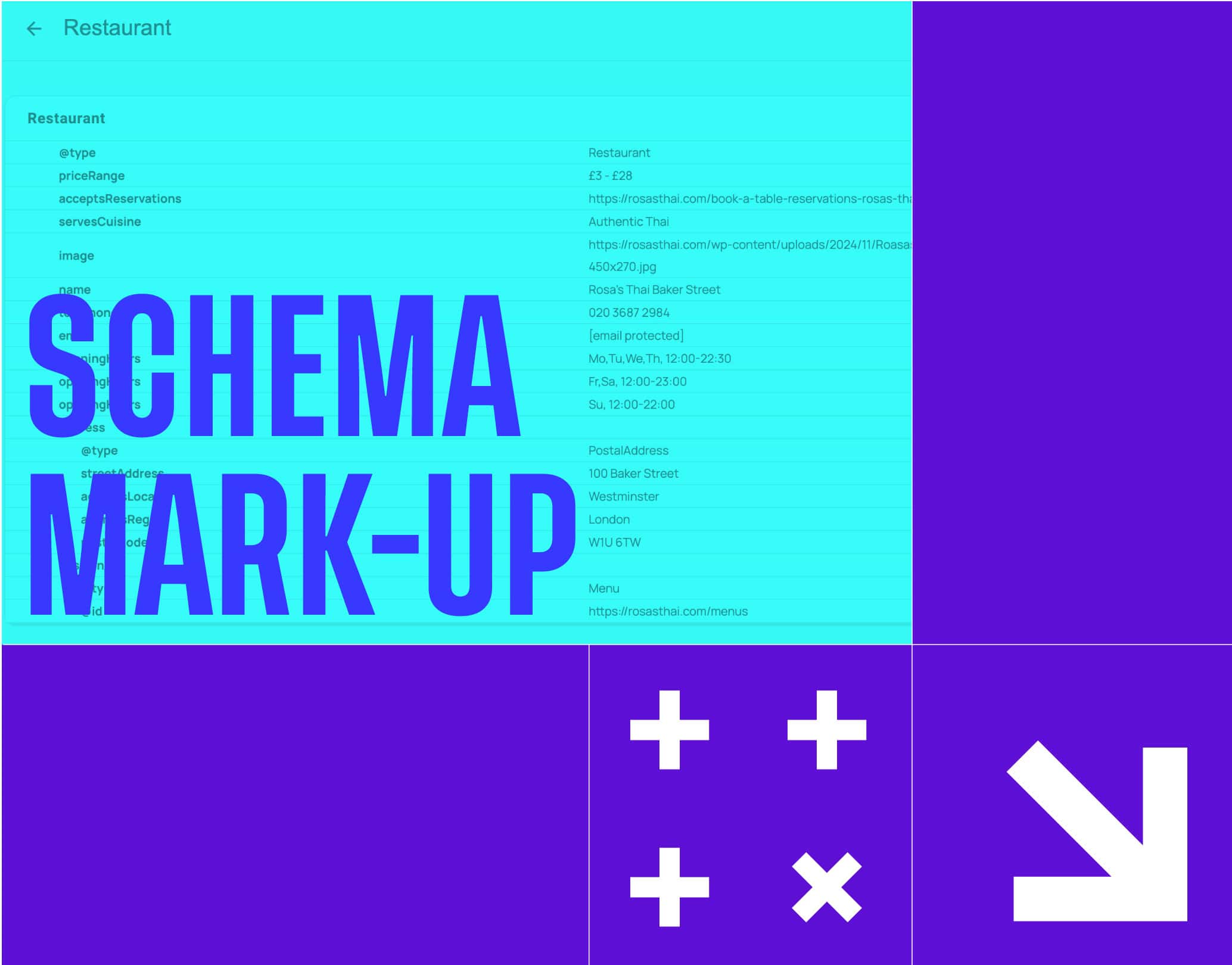 Colour-block montage with 'Schema Mark-up' in large text and an example of Schema mark-up in the background