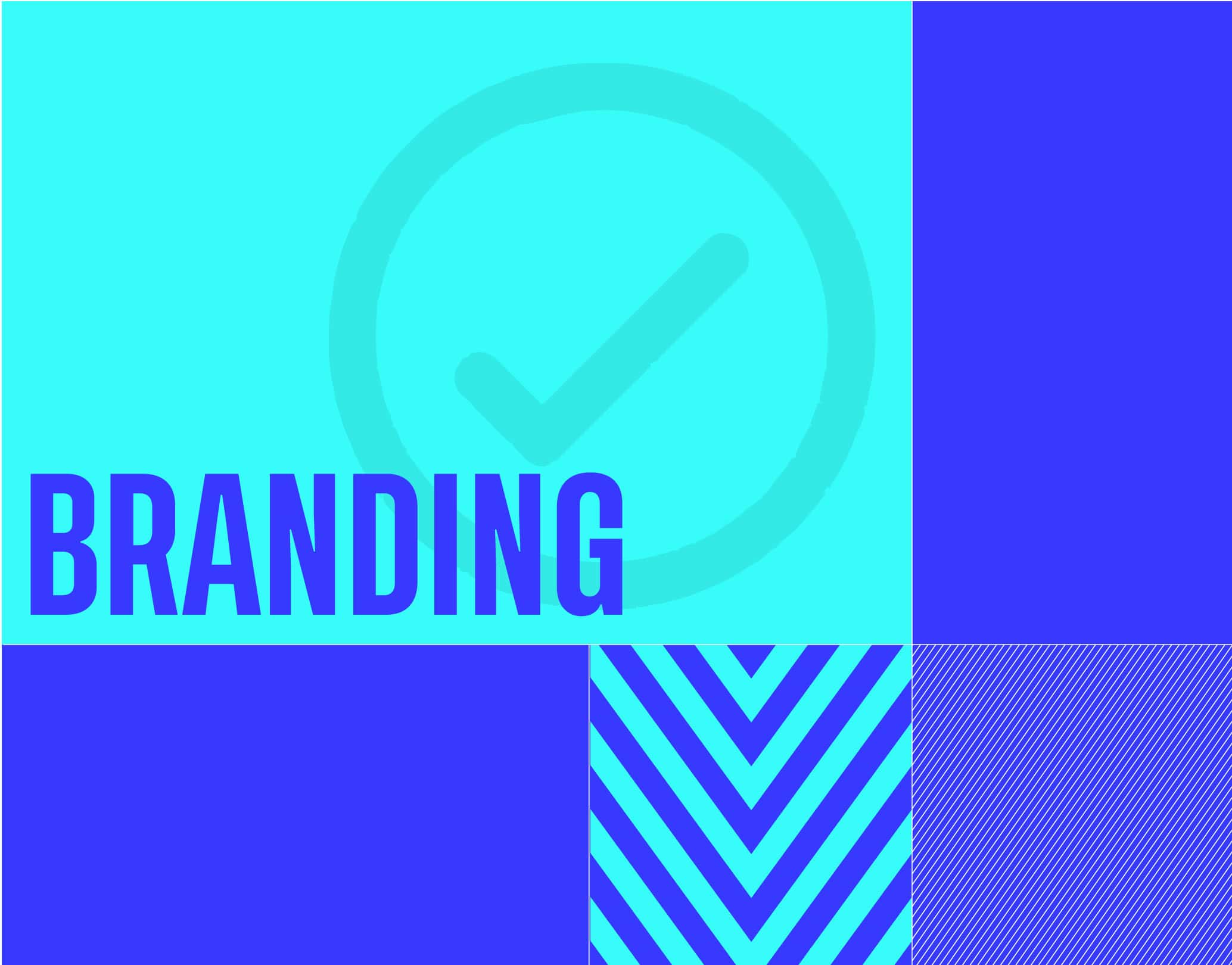 Colour-block montage with 'Branding' in large text and a tick icon in the background