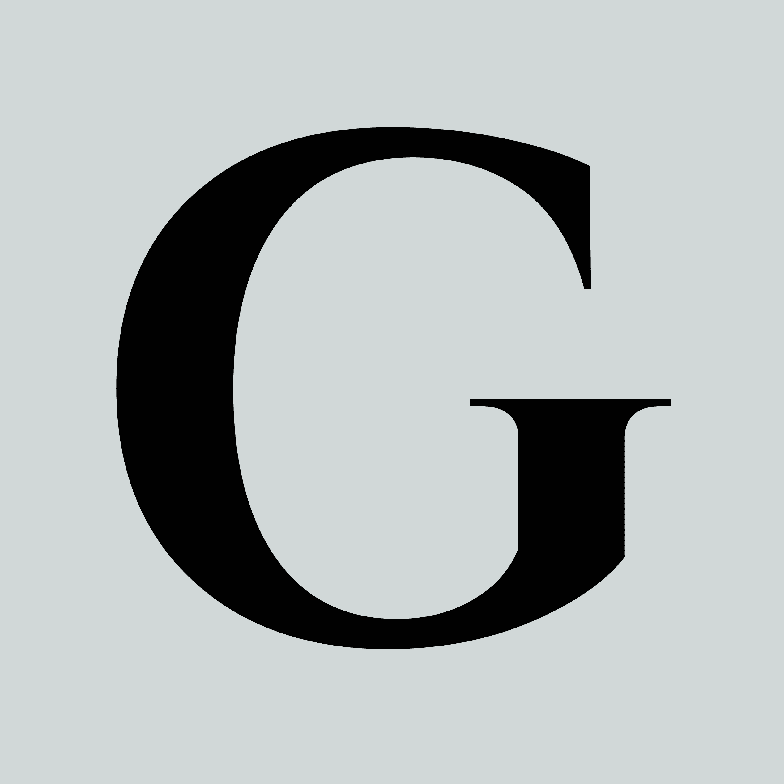 Black serif letter “G” on a pale grey background