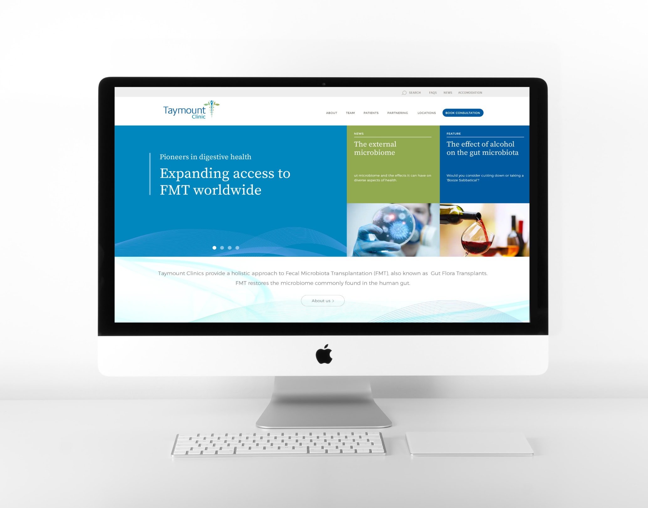 Taymount Clinic website homepage shown on an iMac with headline “Expanding access to FMT worldwide”.