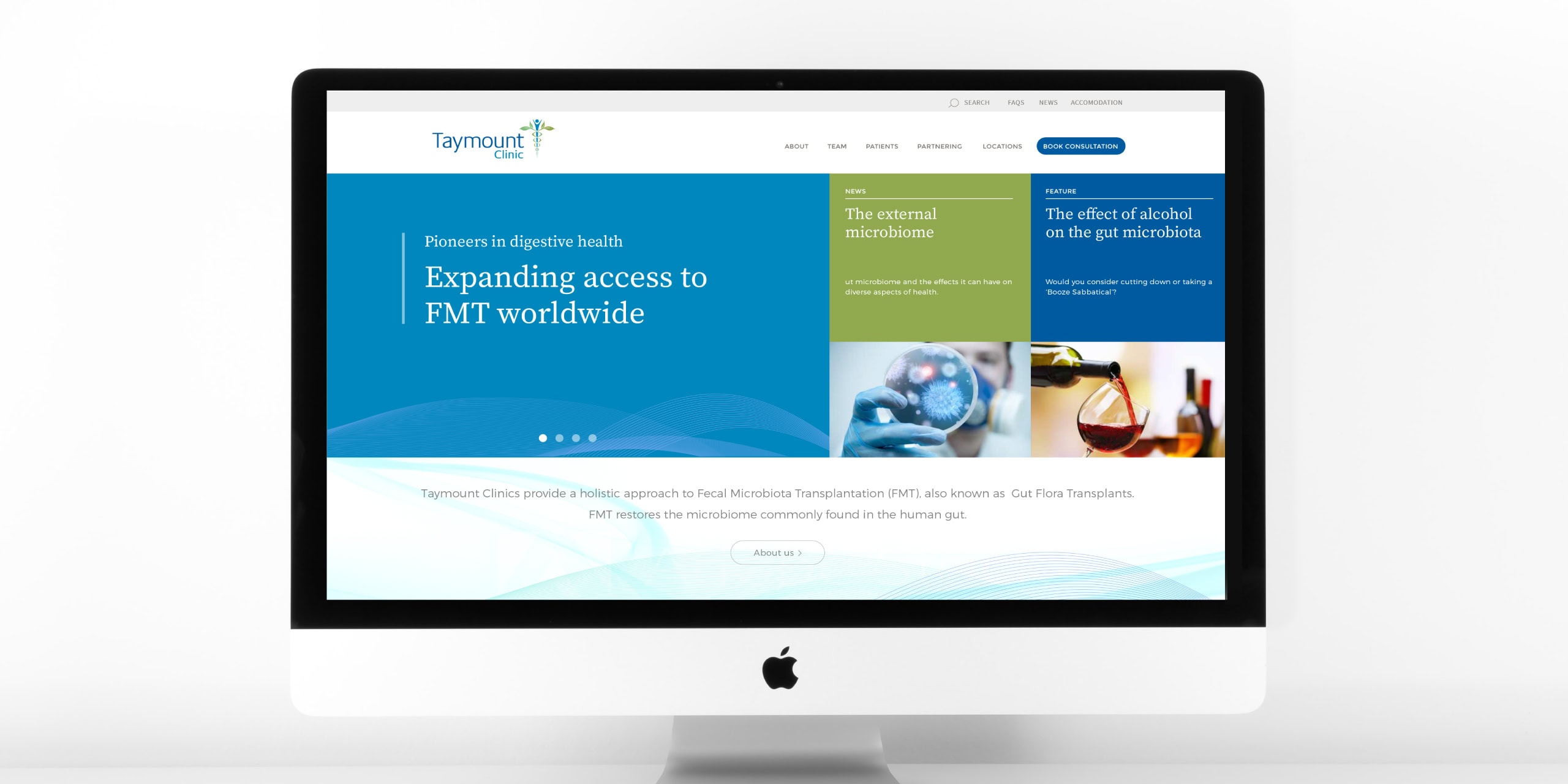 Taymount Clinic website homepage shown on an iMac with headline “Expanding access to FMT worldwide”.