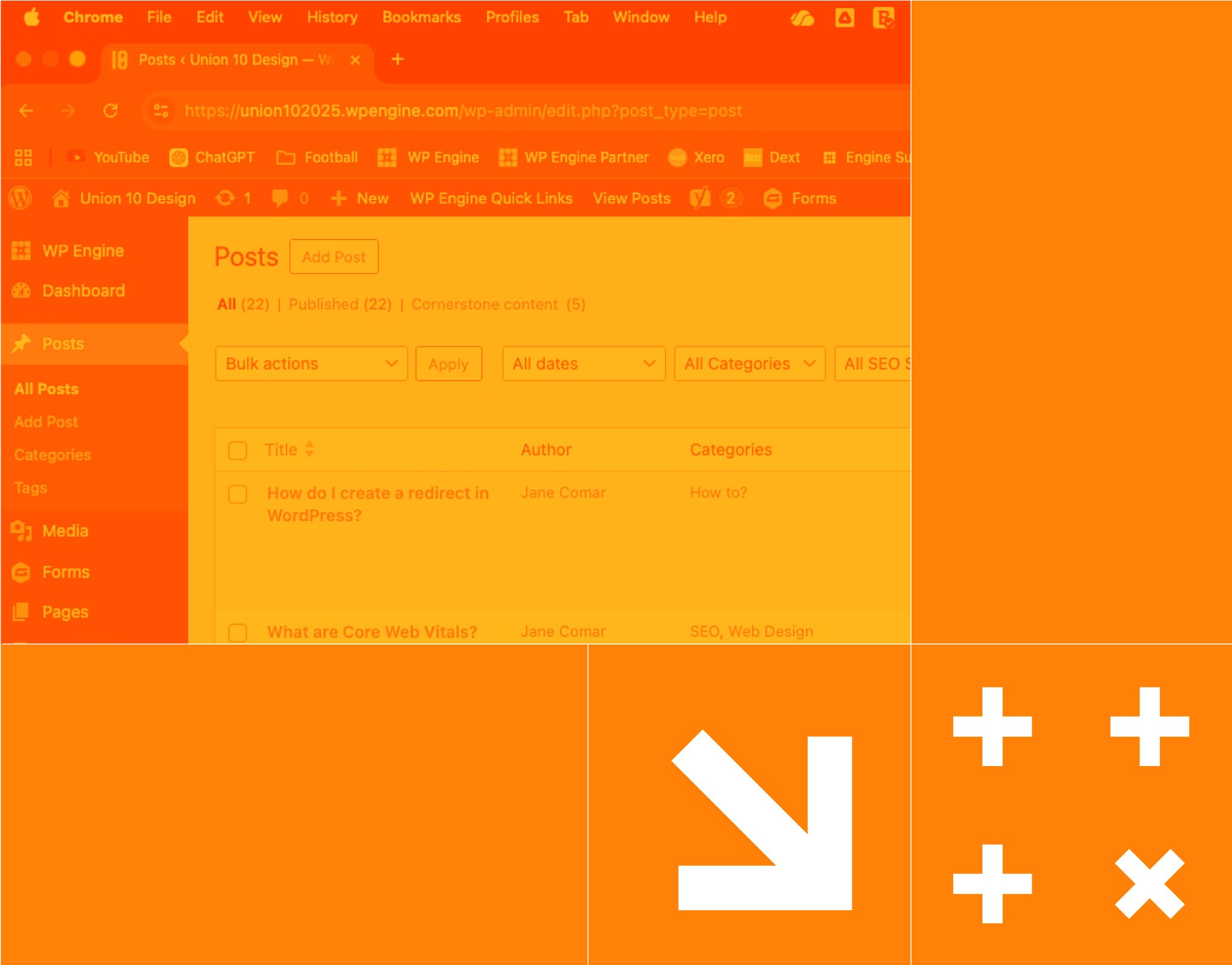 Colour-block montage with an arrow and cross symbols and a screen shot from WordPress CMS post page in the background