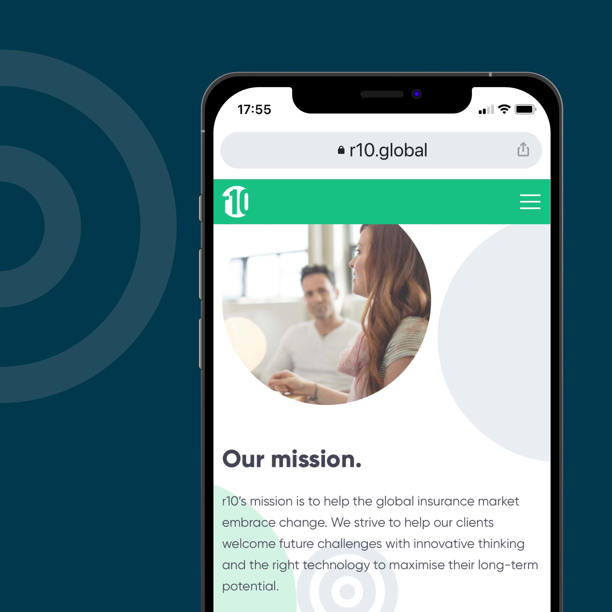Mobile screen showing r10.global mission page layout with navigation and feature image