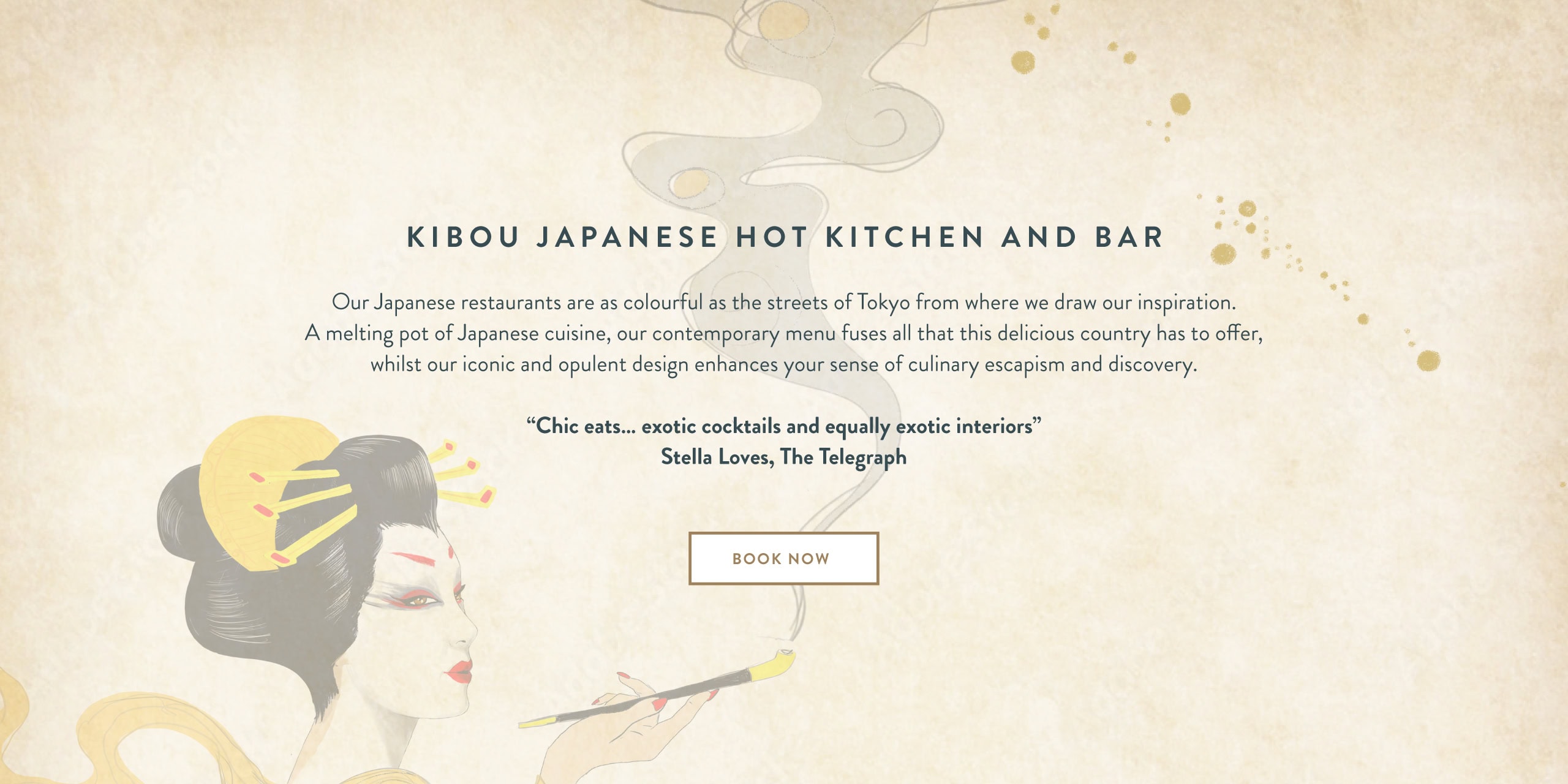 KIBOU homepage section with Book Now call to action