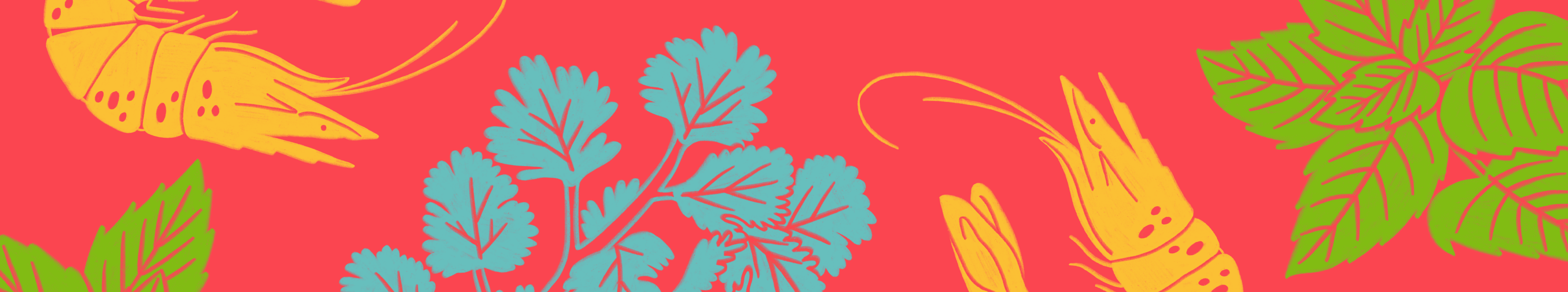 Thai-inspired illustration banner with herbs and prawn