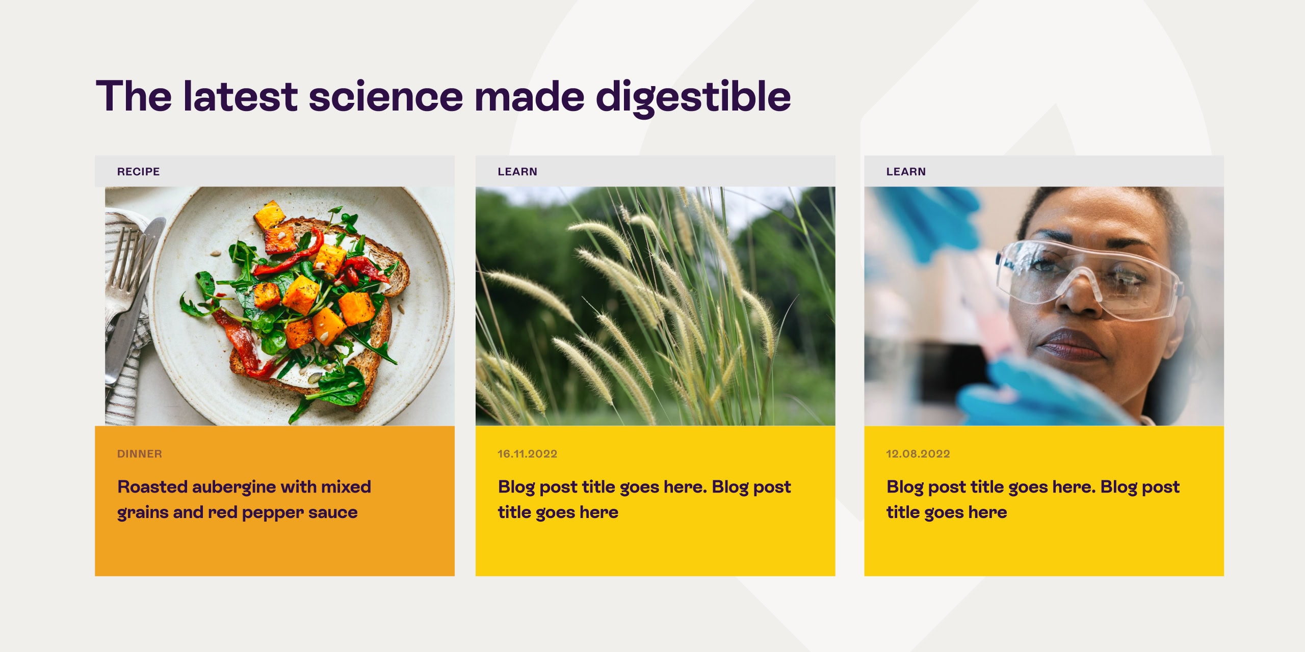 Website section showing recipe and learn content cards in a three-column layout