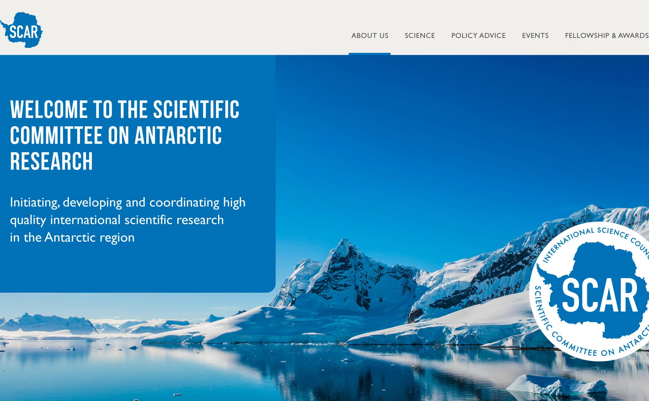 SCAR homepage hero with snowy Antarctic mountains and icebergs, plus “Welcome to the Scientific Committee on Antarctic Research” headline.