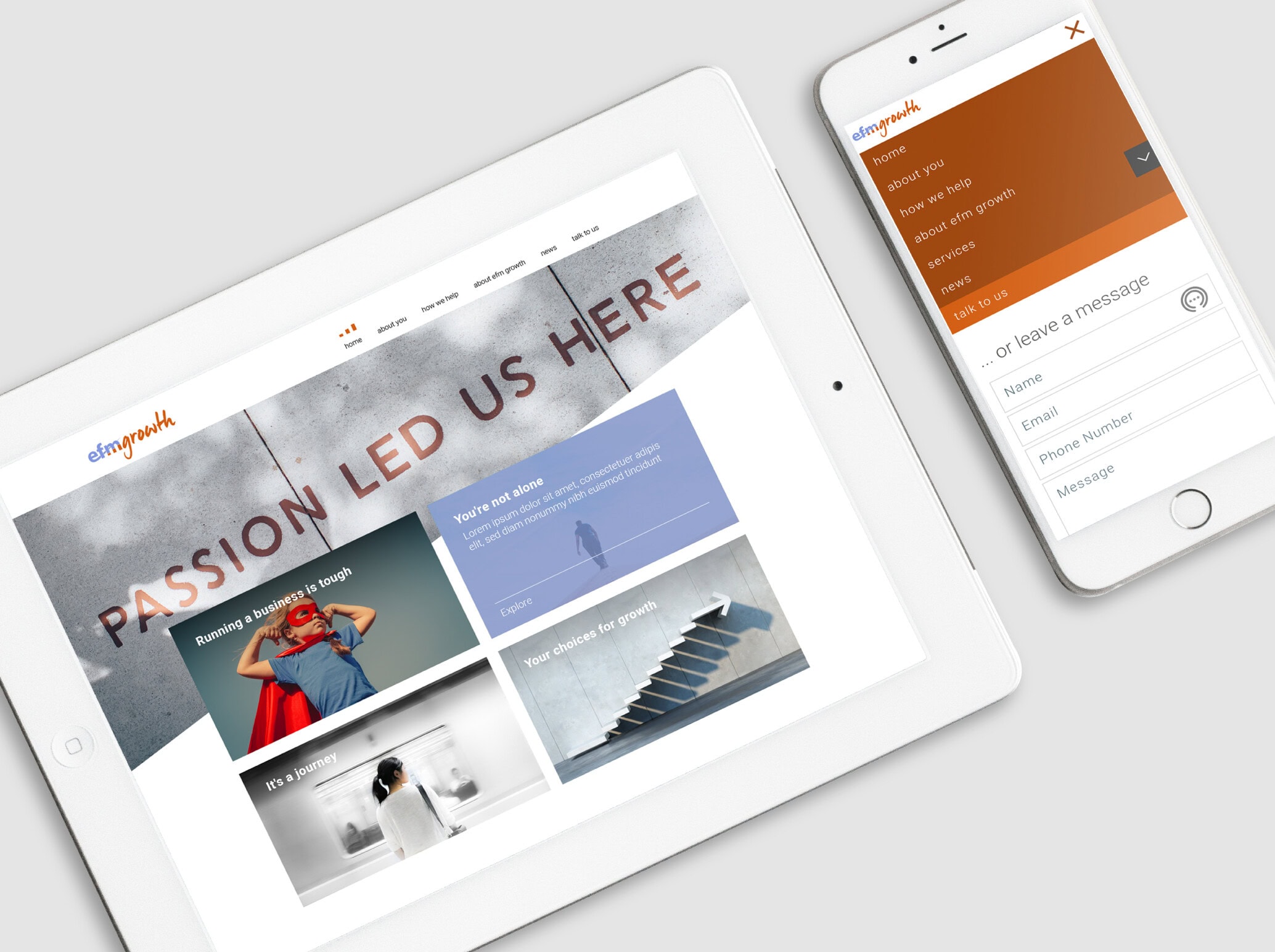 EFM website on mobile and tablet devices shot from overhead.