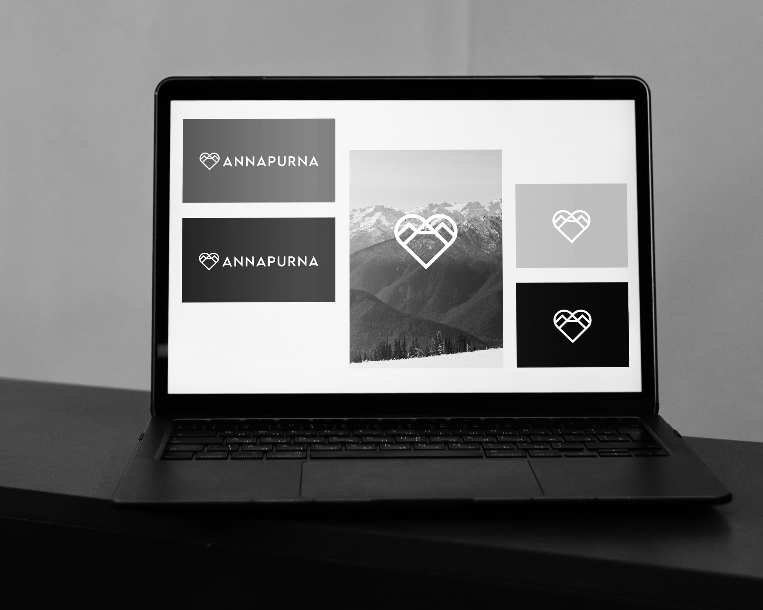 Laptop screen showing Annapurna brand logo variations and a mountain image in a clean layout.