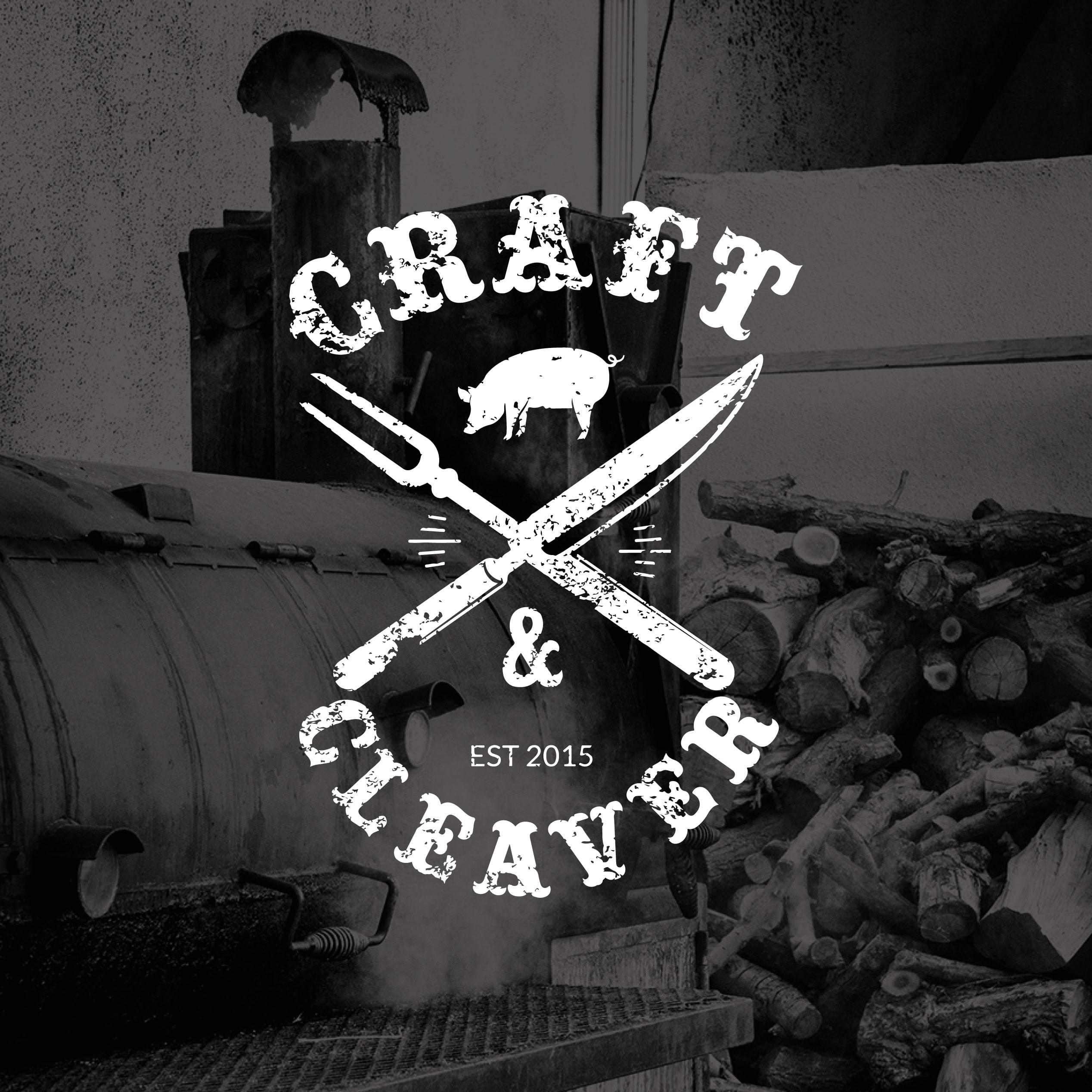 Craft & Cleaver logo over a black and white photo of a BBQ smoker and stacked logs