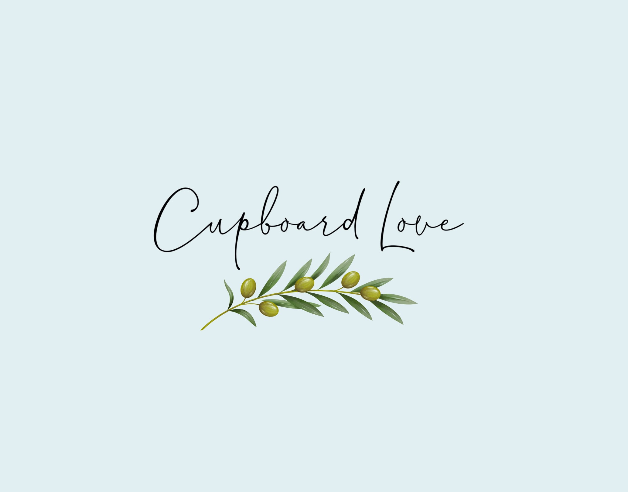 Cupboard Love handwritten logo with an illustrated olive branch on a pale blue background.